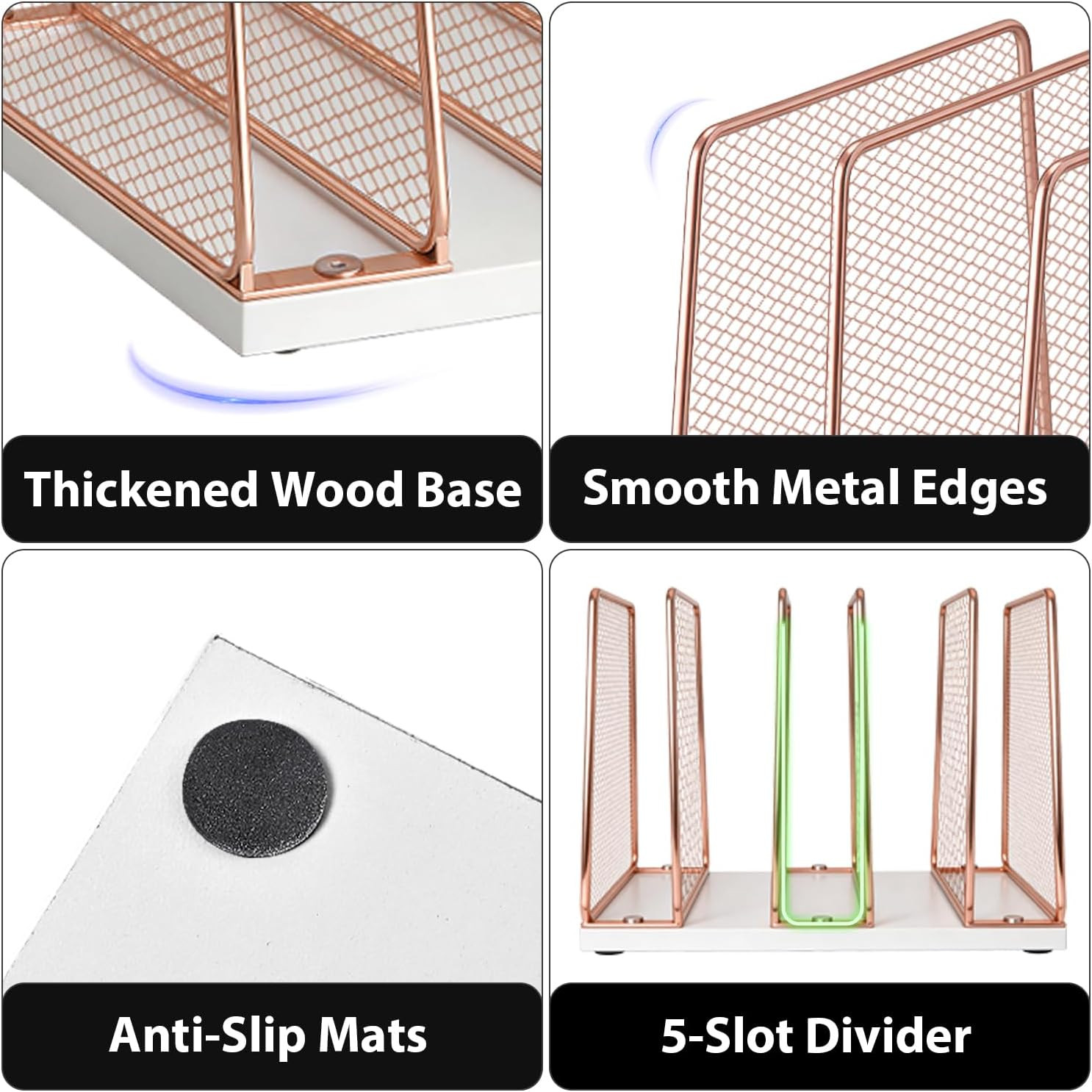 Rose Gold Desk File Organizer, 5-Section Upright File Sorter, Vertical File Fold