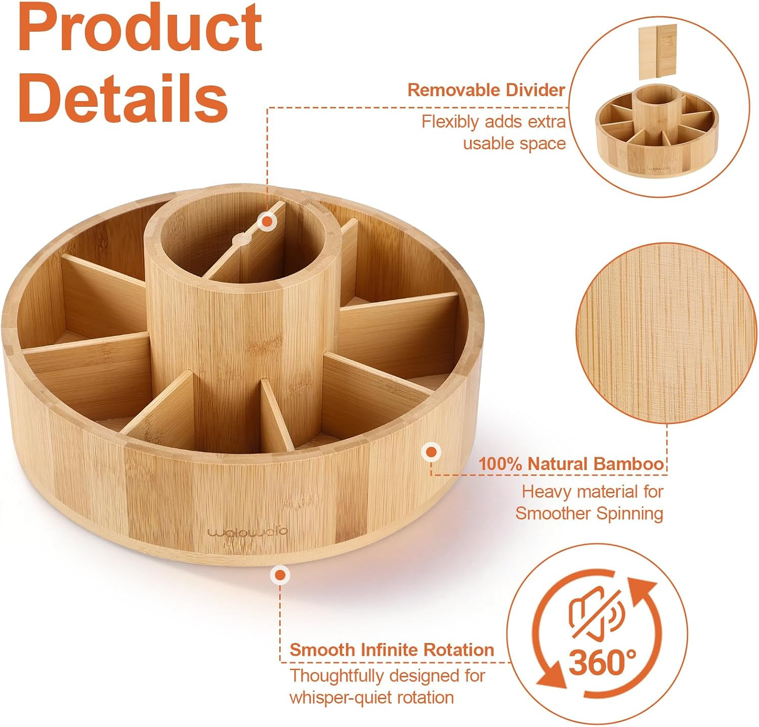 Marker Organizer Rotating Bamboo Desk Organizer, Silent 360° Rotation Caddy, 10