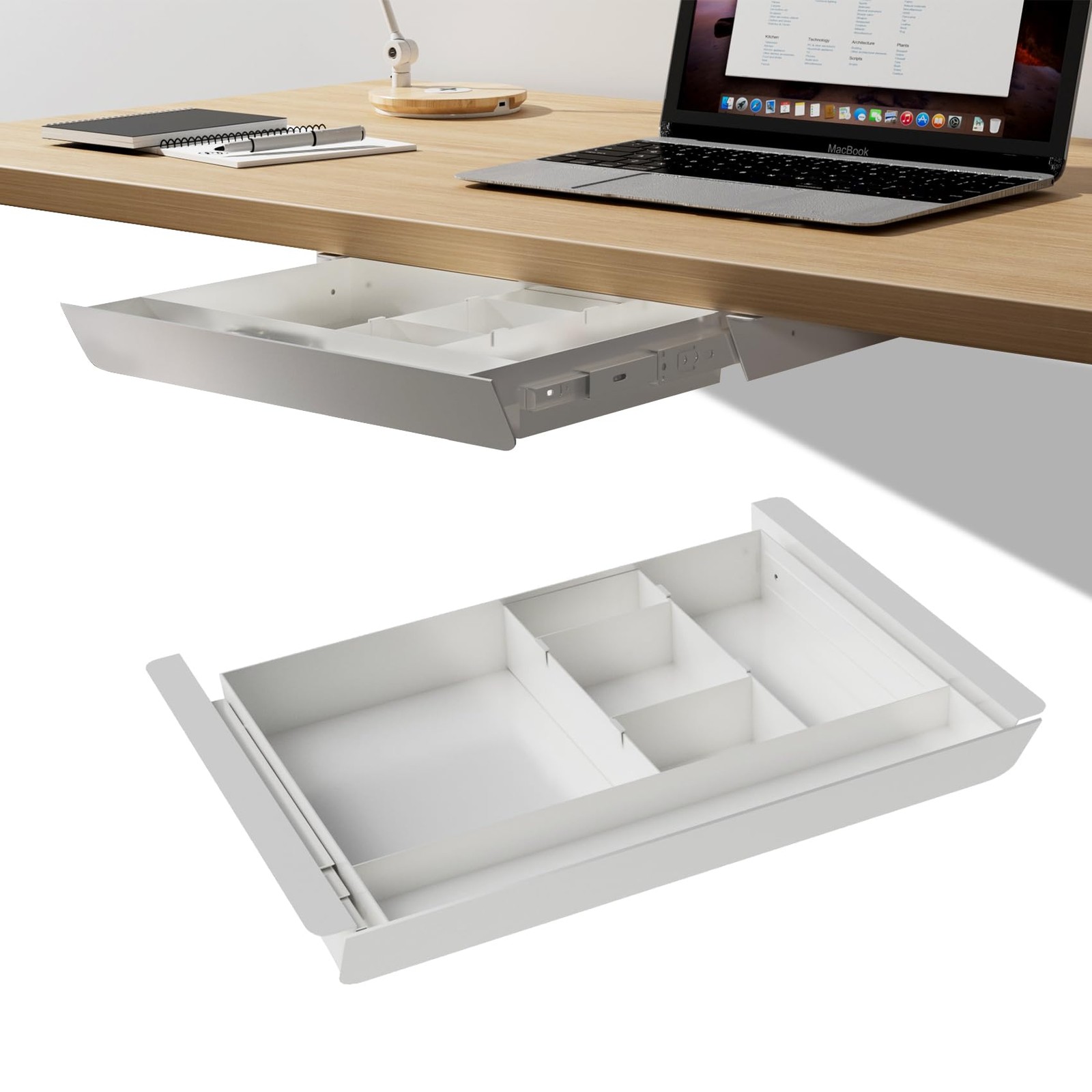 White Under Desk Sliding PullOut Drawer Pencil Storage Tray 17×13.5 Inch