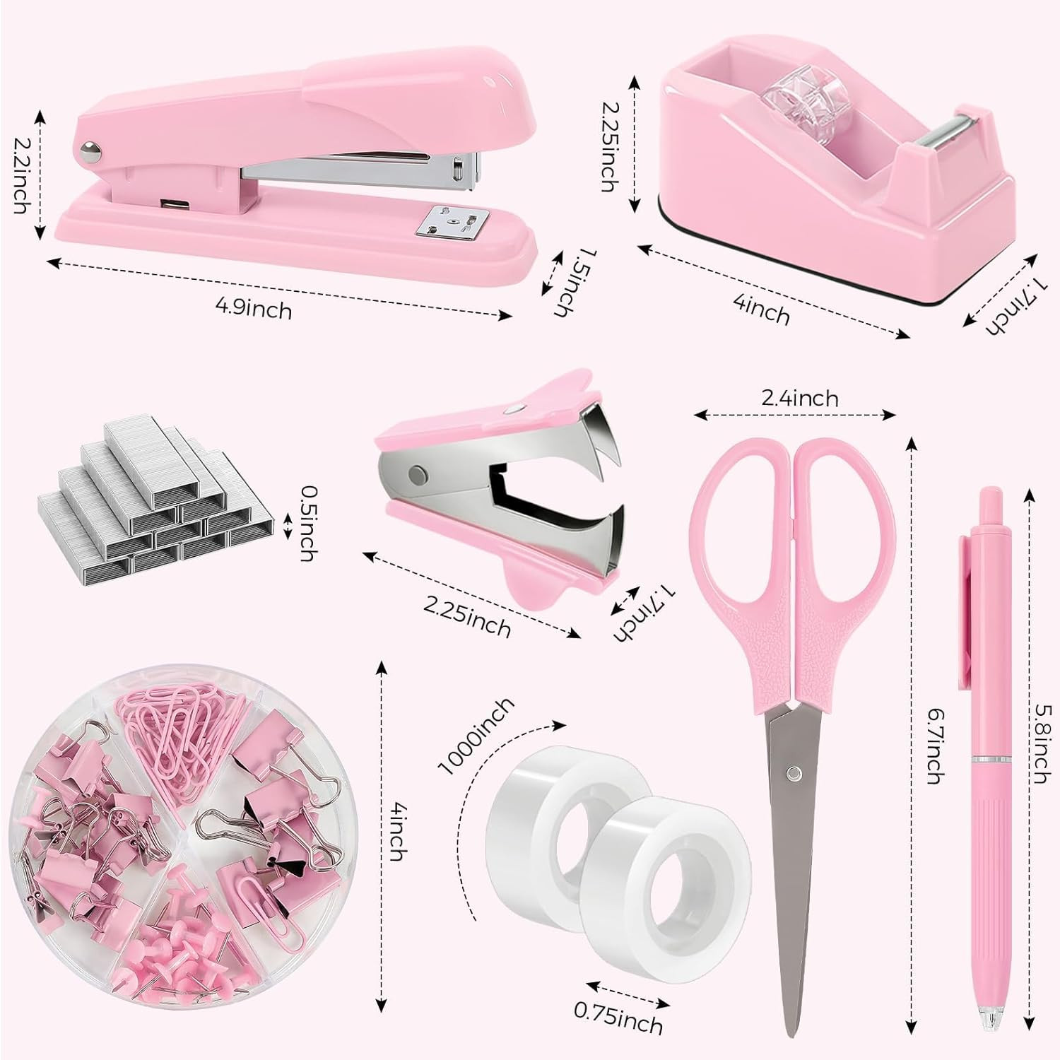Pink Office Desk Accessories, Pink Office Supplies, Stapler, Tape Dispenser, Sci