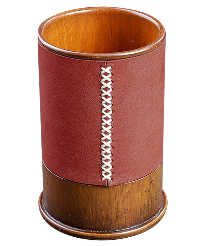 Desktop Pen Stand Red Leather Wood Holder 4.2″ Pencil Cup Office Desk Organizer