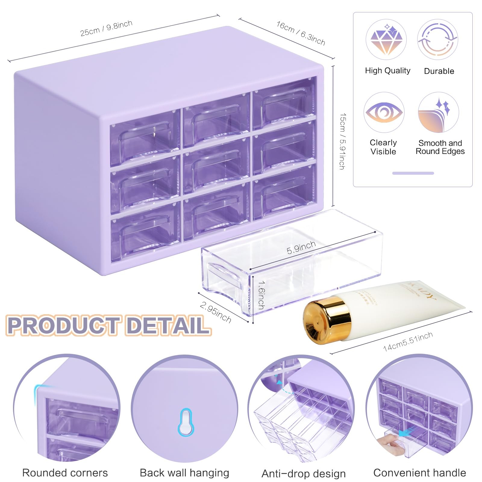 MYKASEN Desk Storage Organizer with 9 Drawers, 9.8 x 6.3 x 5.9 inches, Purple
