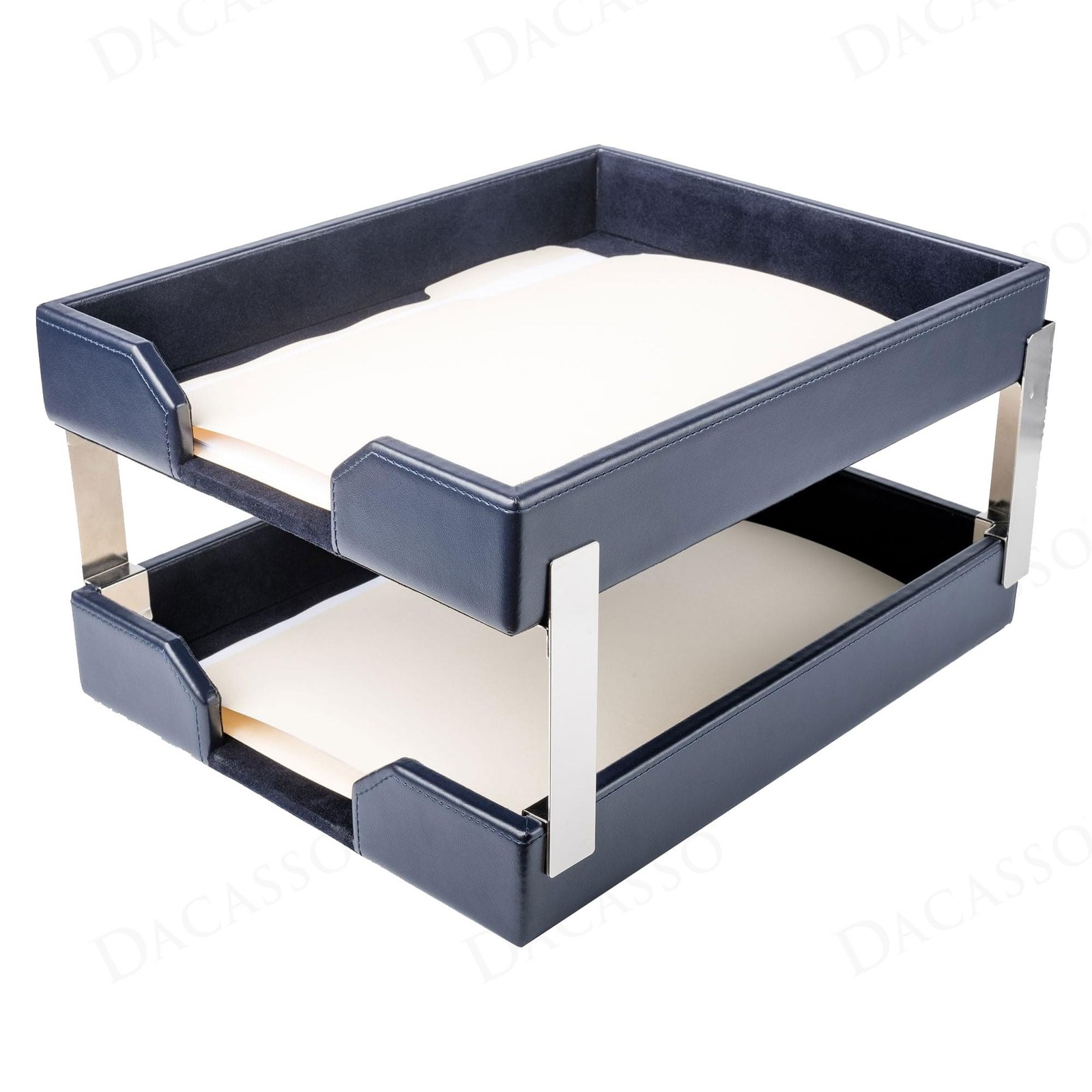 Navy Blue Bonded Leather Front-Load Double Letter Tray Set w/Silver Stacking …