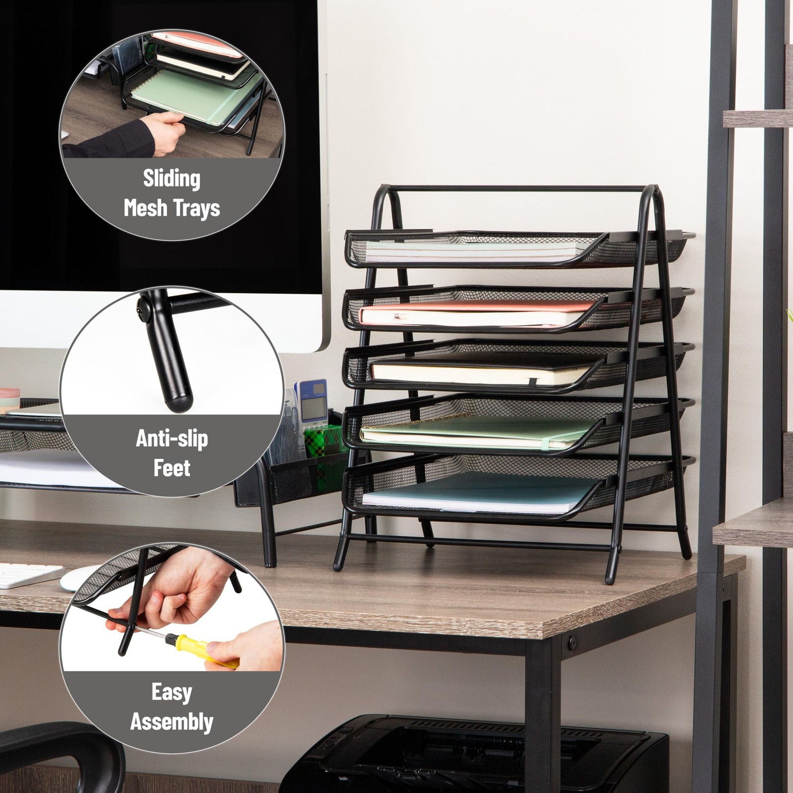 Mind Reader 5-Tier Paper Tray Organizer, 14.5″ x 13.8″ x 11.5″, Black
