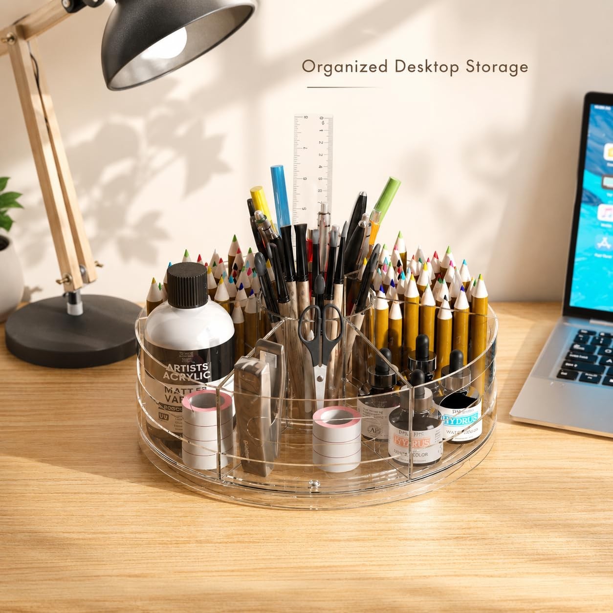 Clear Acrylic Rotating Organizer – 7 Compartment Pen & Art Supply Holder for Des