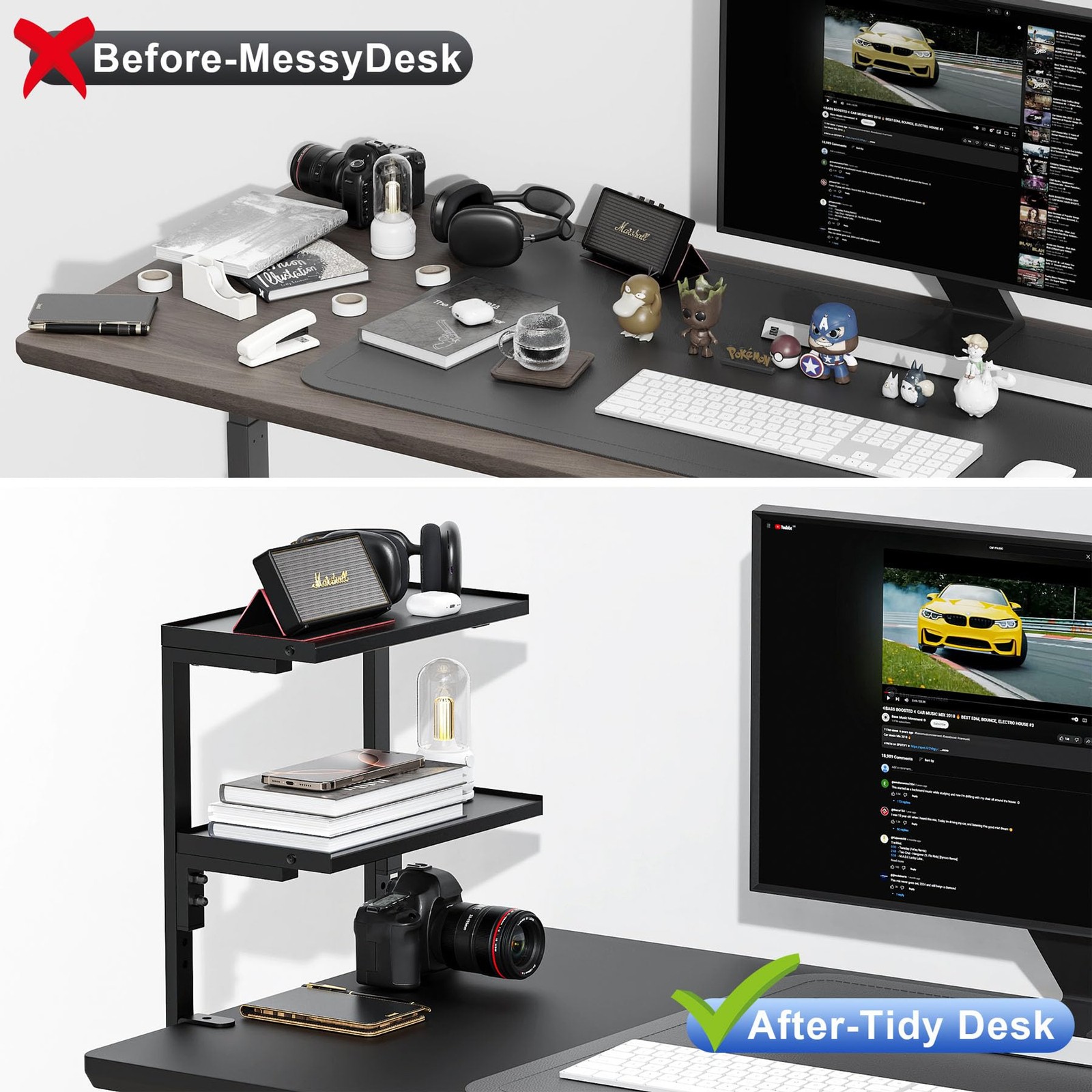 2 Tier Clamp on Desk Shelf Organizer Wood Desktop Supplies Storage Rack