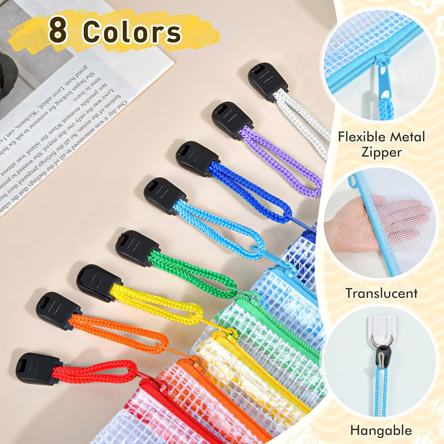 24Pcs Mesh Zipper Pouch Bags, A3 Large Size 8 Colors Plastic Zipper Bags for Org
