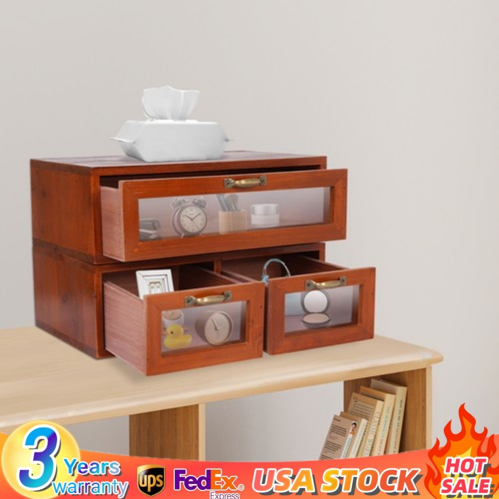 Vintage Desk Organizer Wooden Tabletop Storage Box with 3 Drawers for Office