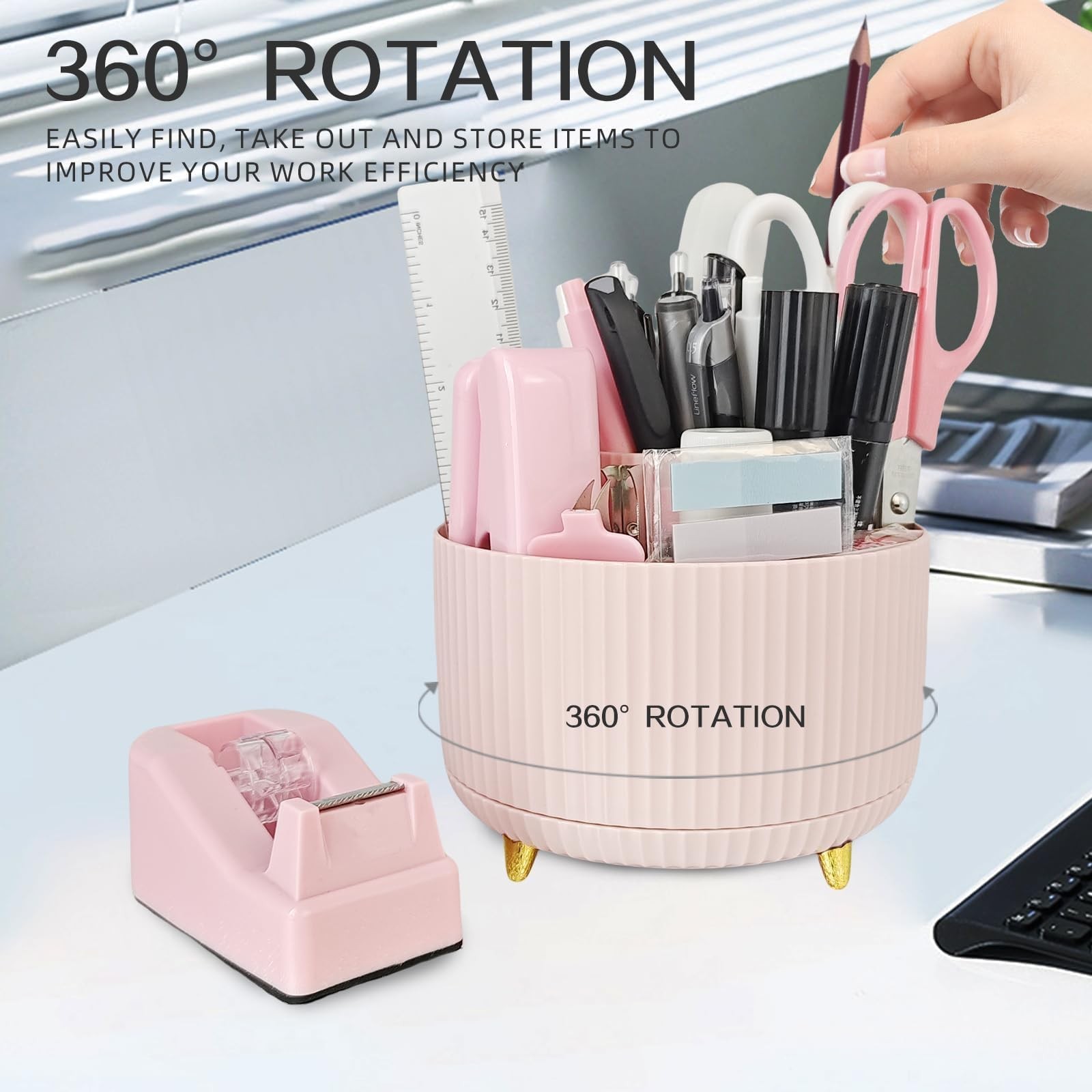 Pink Office Desk , 15pcs Office Supplies 360°Pen Holder , Stapler, Staple , T…