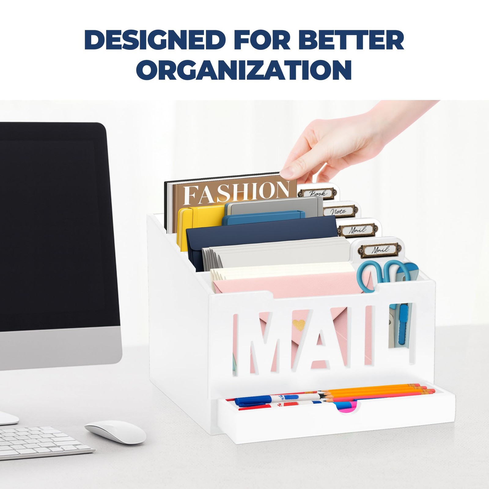 Mail Organizer Countertop, Desktop Sorter with Drawer & Large, White