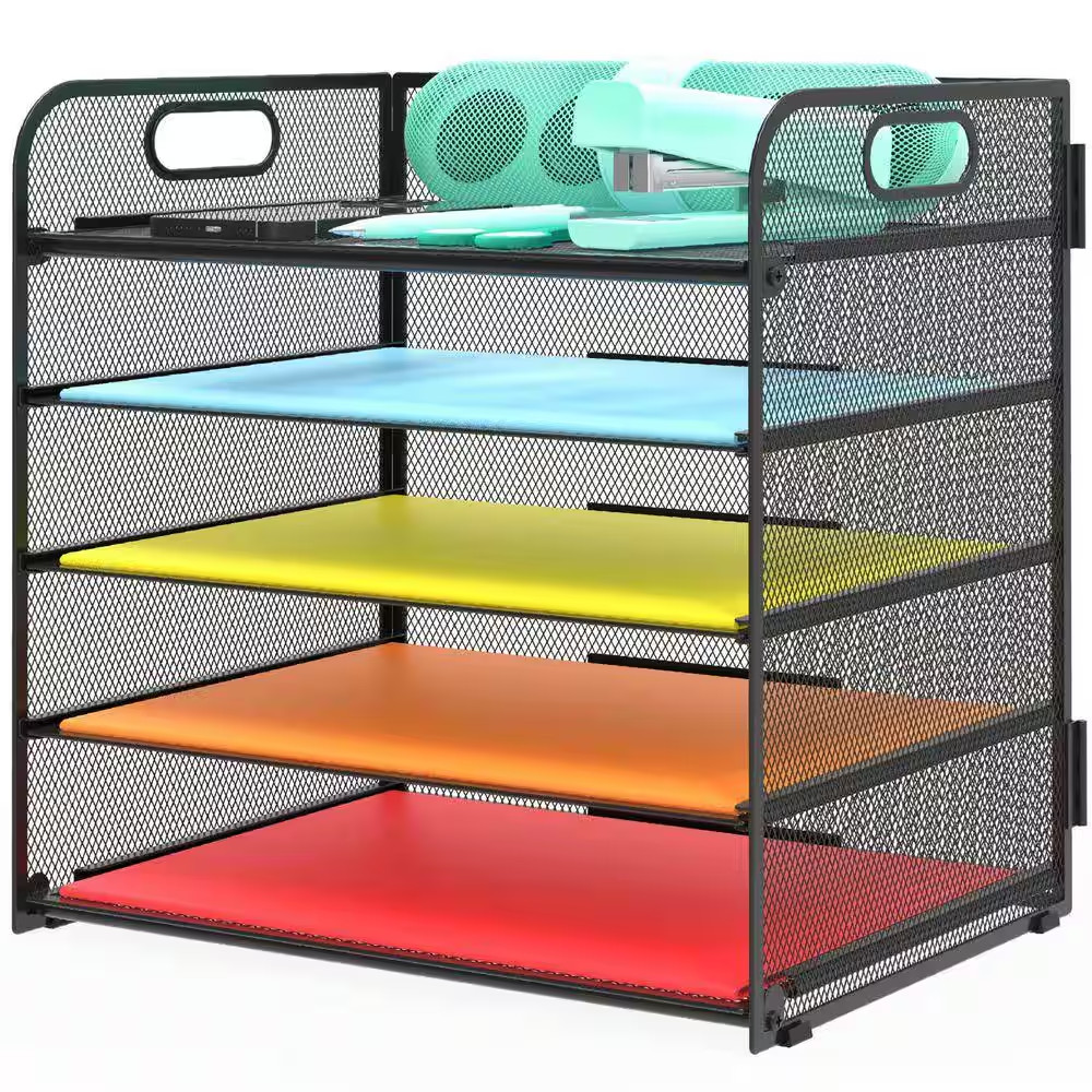 12.5 in X 13.5 in Black Metal Letter Tray 5-Tier Desk Organizer File Paper Holde