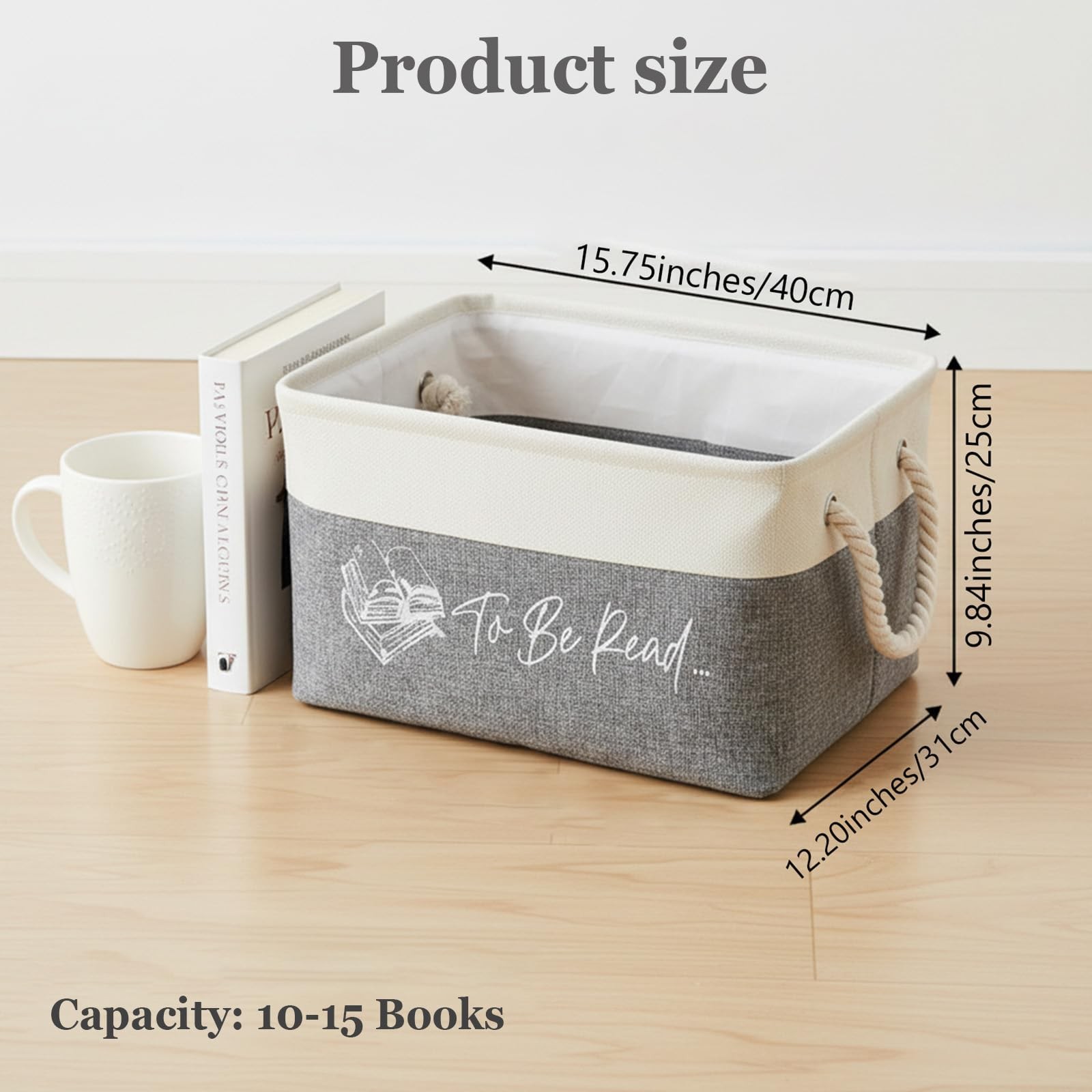 Book Storage Basket, TBR Fabric Bin with Rope Handles, To Be Read Book Organi…