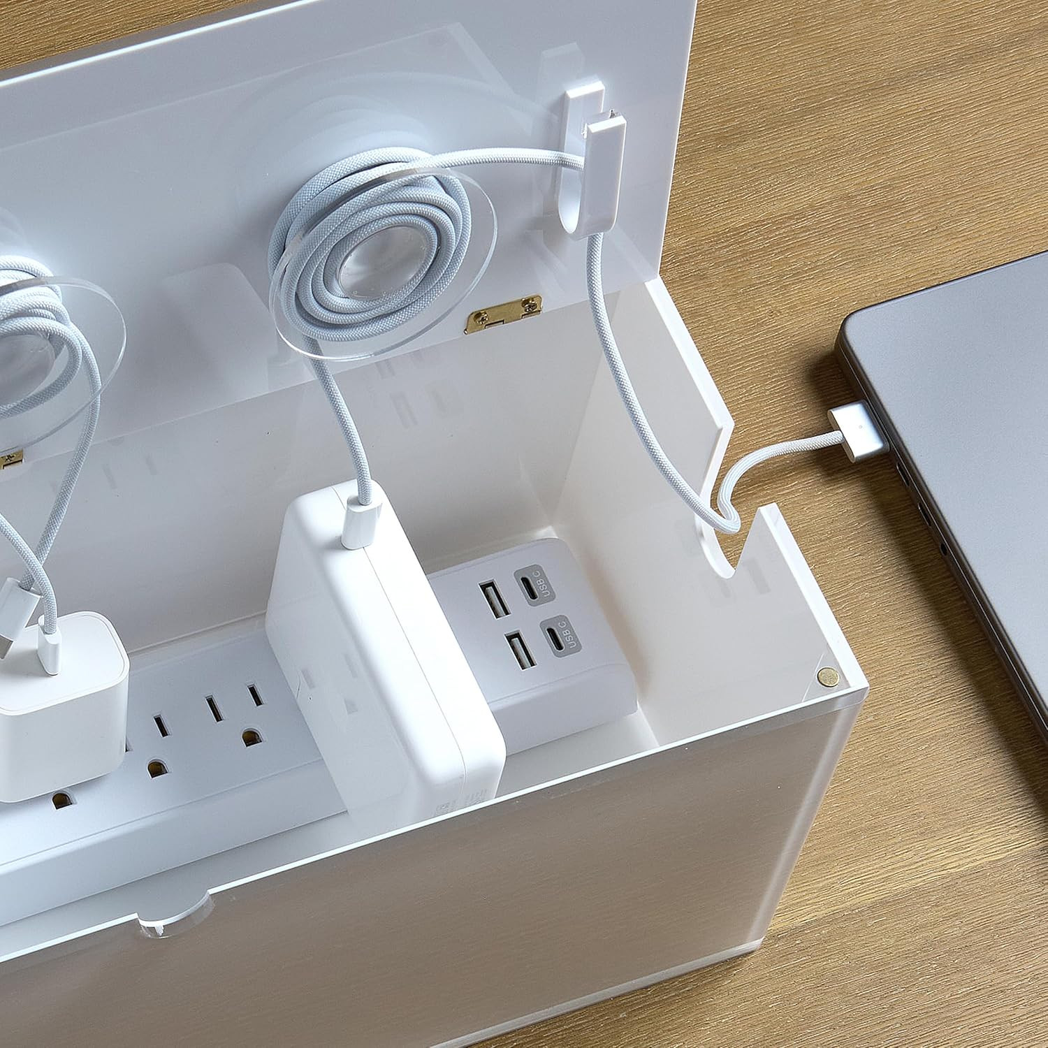 Desk Organizer Large Acrylic Cable Management Box, Transparent with White Backin