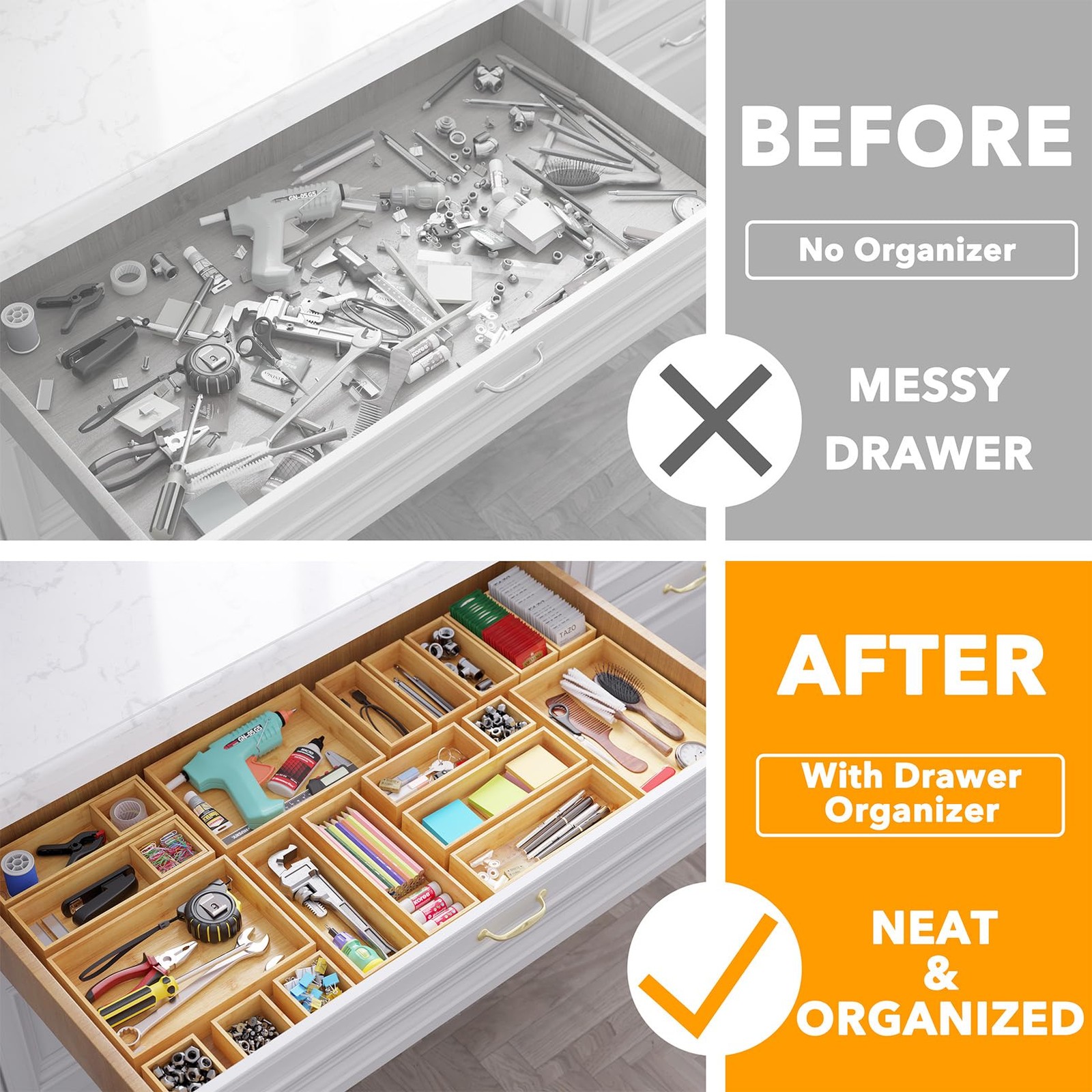 SpaceAid 21-Piece Bamboo Drawer Organizer Storage Boxes 21-Piece, Natural