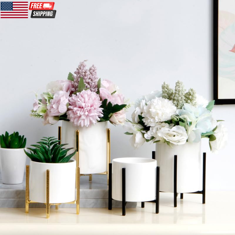 Gold Pencil Cup Sturdy Metal Frame with White Ceramic Pen Holder for Desks and K
