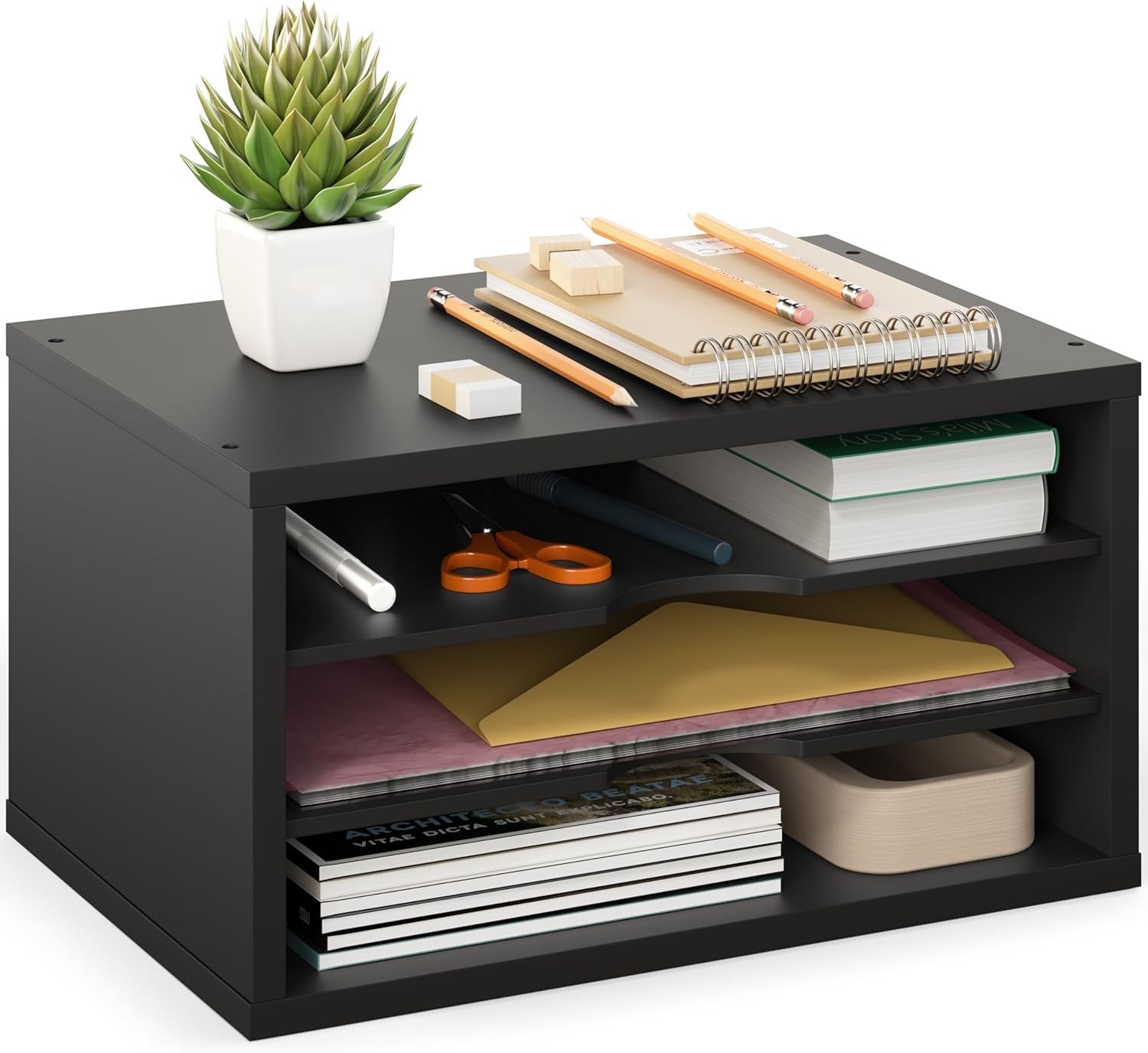 3-Tier Wood Desk File Organizer Paper Sorter Monitor Stand Black
