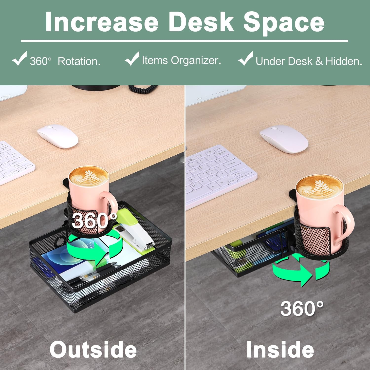 360° Rotation Under Desk Drawer Storage Organizer Rotary Cup Holder Clamp