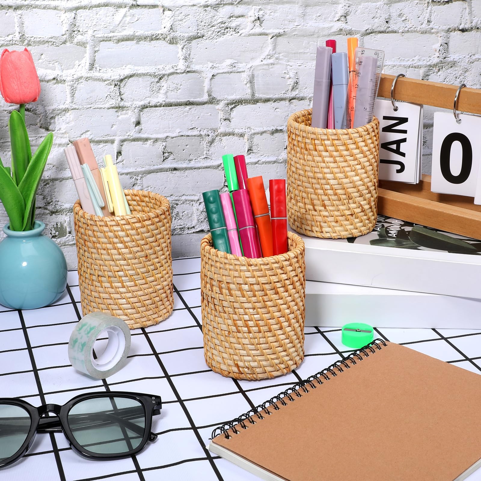 3 Pcs Rattan Pencil Holder, Handmade Pen Cup Durable Cylinder Makeup Brush Ho…