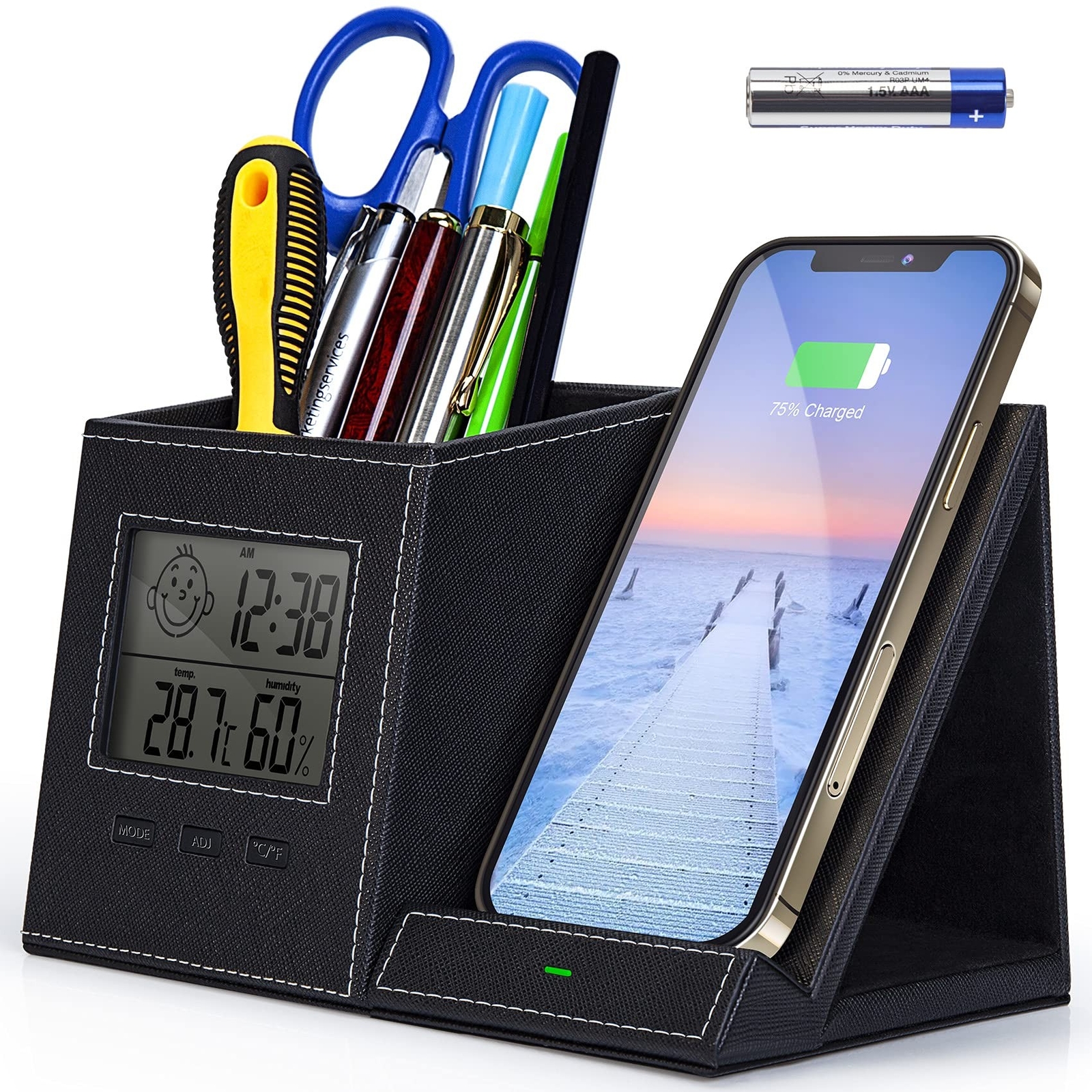 Pen Holder, Pen Organizer for Desk with Wireless Charger, Digital Indoor Ther…