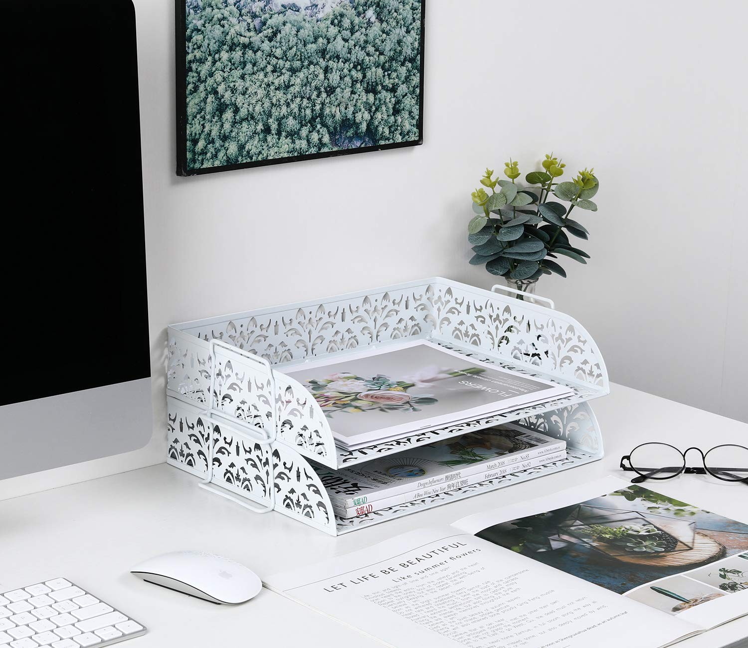 White 2-Tier Metal Desktop File Organizer | Stackable Letter Tray Paper Holder