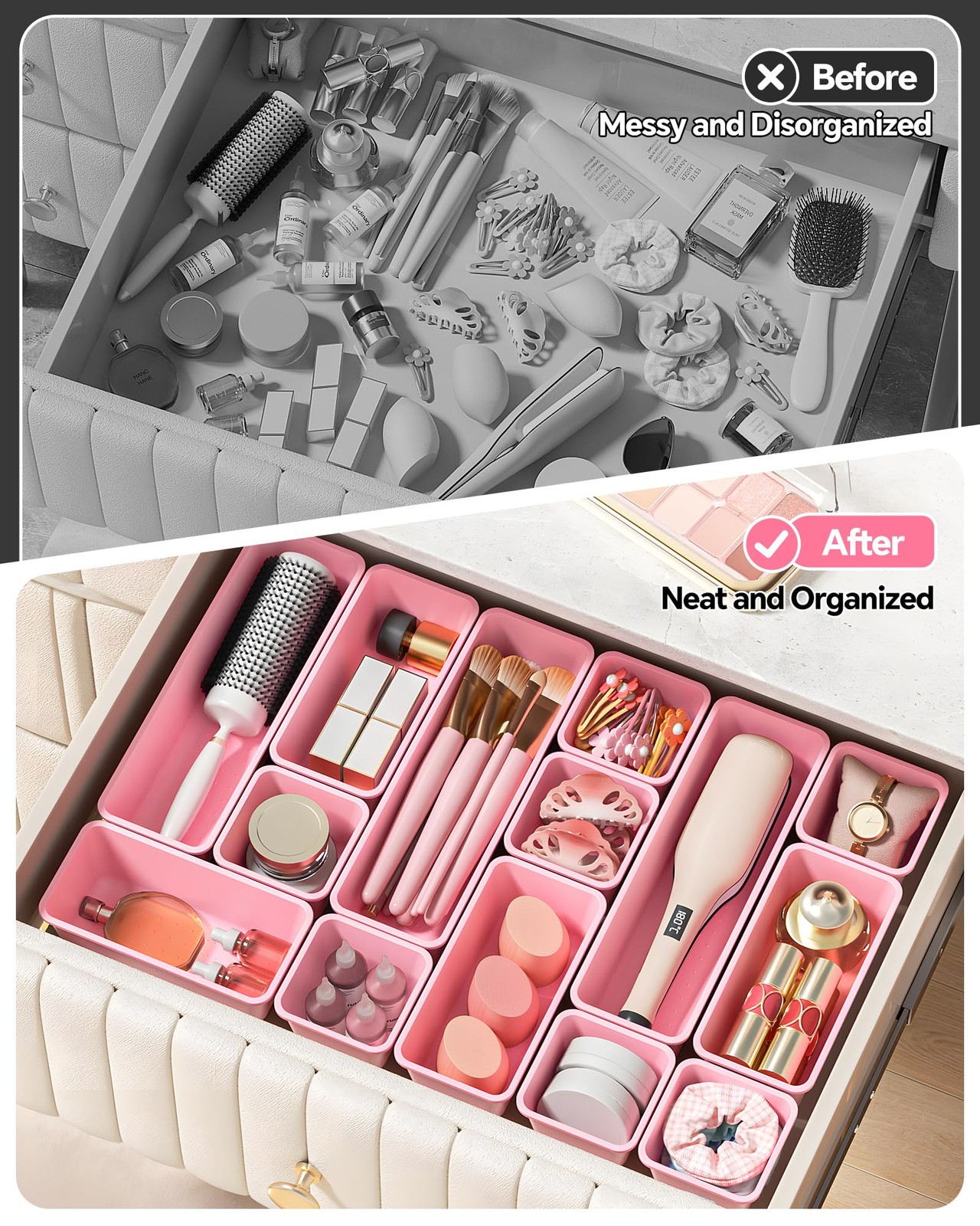 Canfanni 13 Pack Plastic Drawer Organizers Set, 3 Sizes Desk Pink
