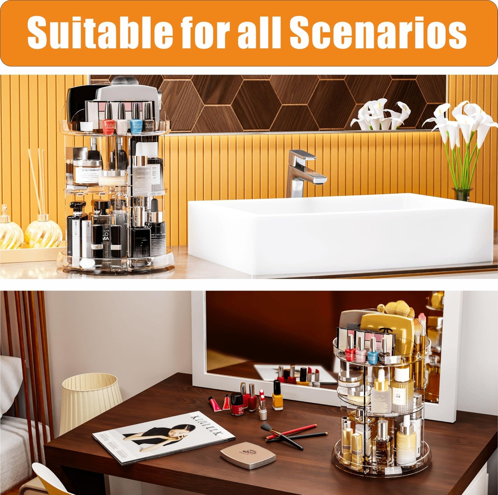 Yieach 360 Rotating Makeup Organizer for NO Patterns Decor, Clear