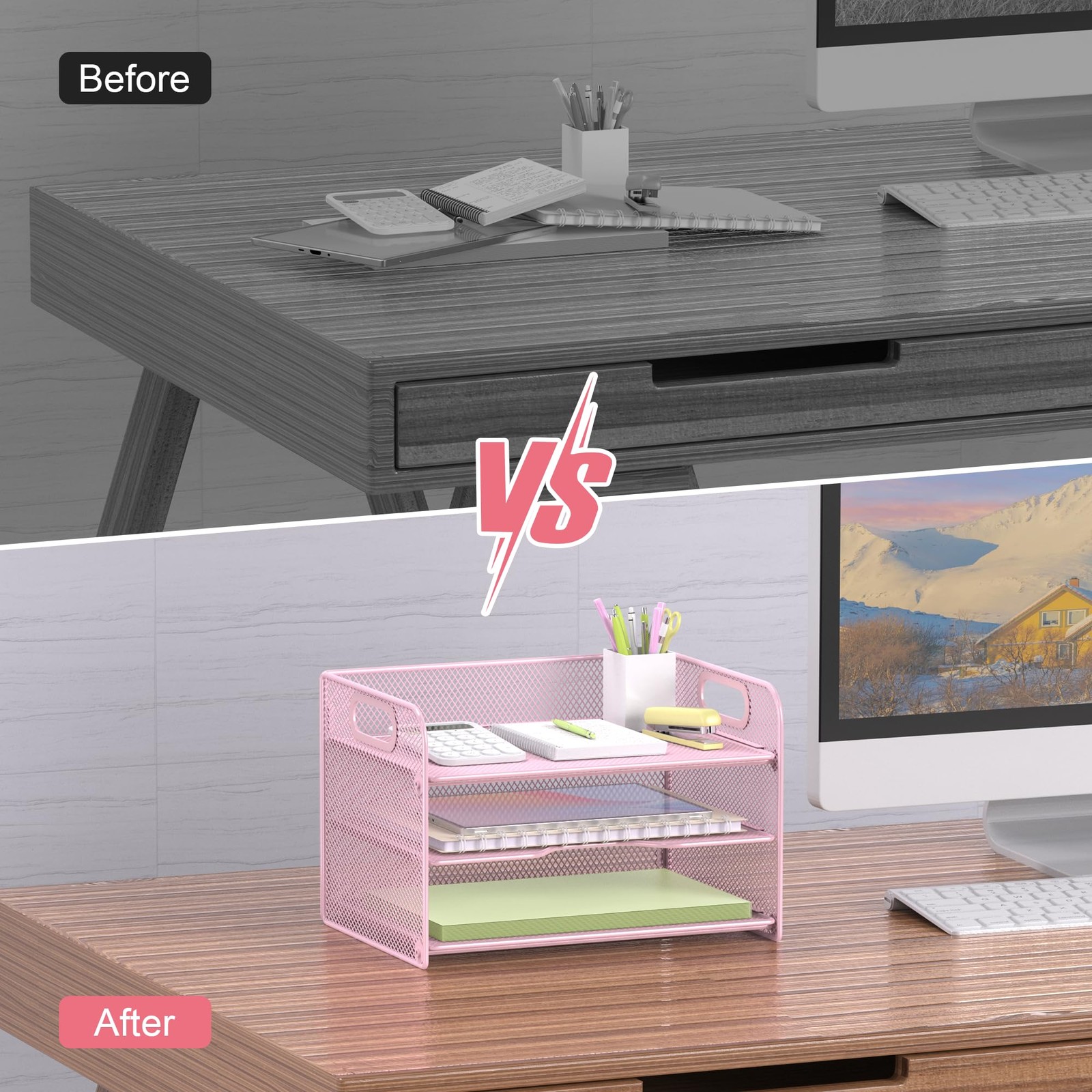 3 Tier Pink Letter Tray Paper Organizer with Handle, Mesh Desk Organizer Pape…