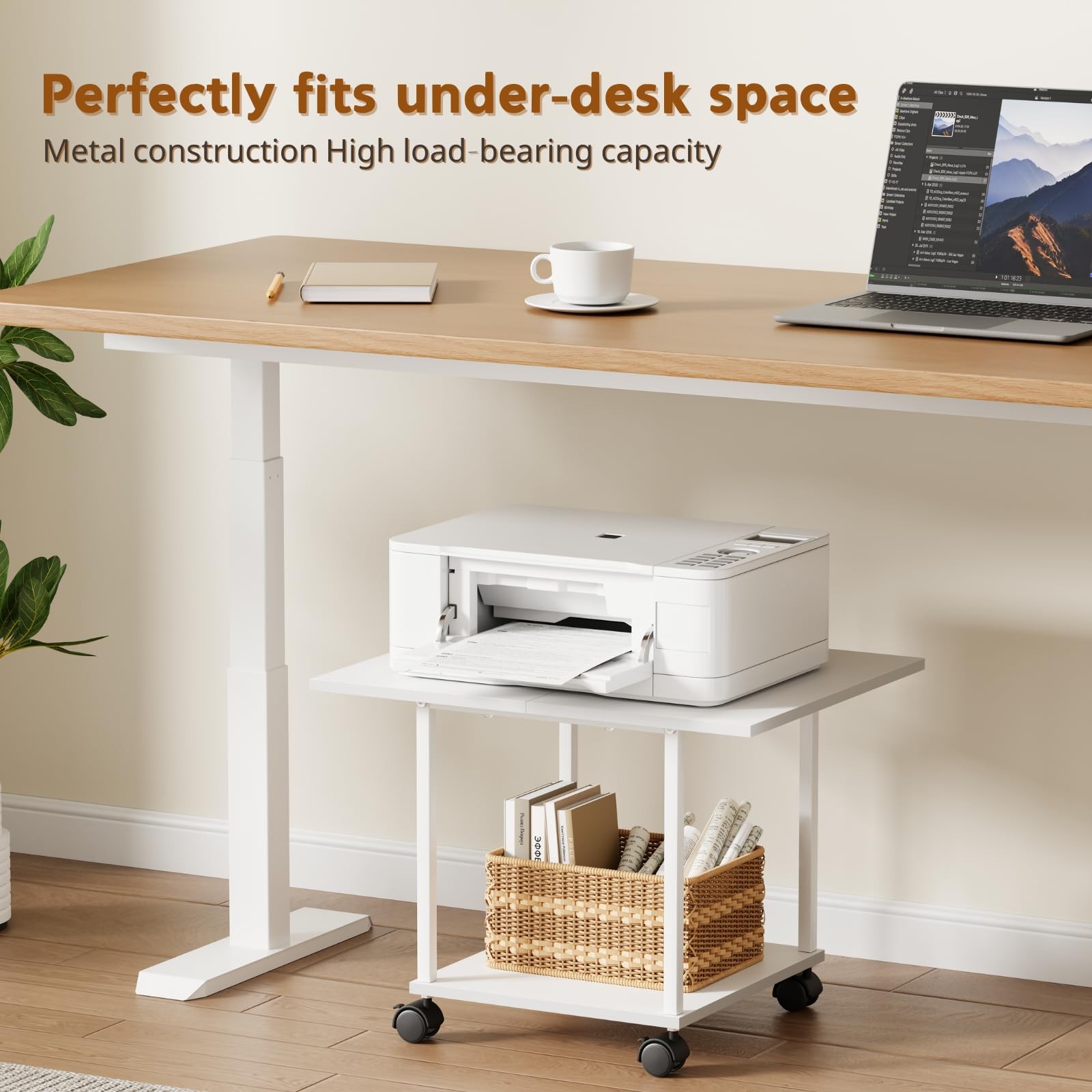 BEWISHOME Printer Stand,2-Tier Industrial Mobile 2-Tier, White/Brown