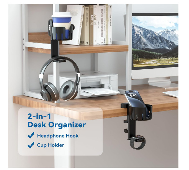 2in1 Headphone Hanger with Desk Cup Holder Under Desk Rotatable Headset Holder S