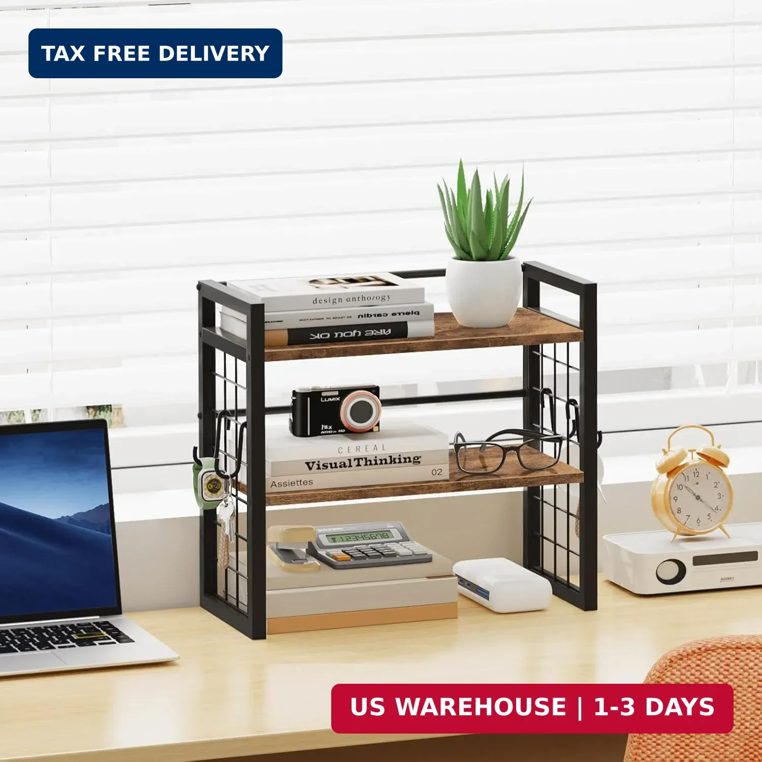 ELITEROO Desktop Shelf Organizer, 2 Tier Wood Desk Bookshelf, Desk Top Storage R