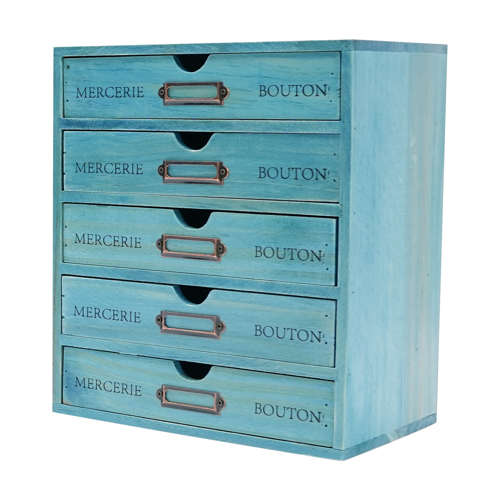 Five-Piece Set Pine Wood Desktop Drawers Vintage Wooden Desktop Organizer Blue