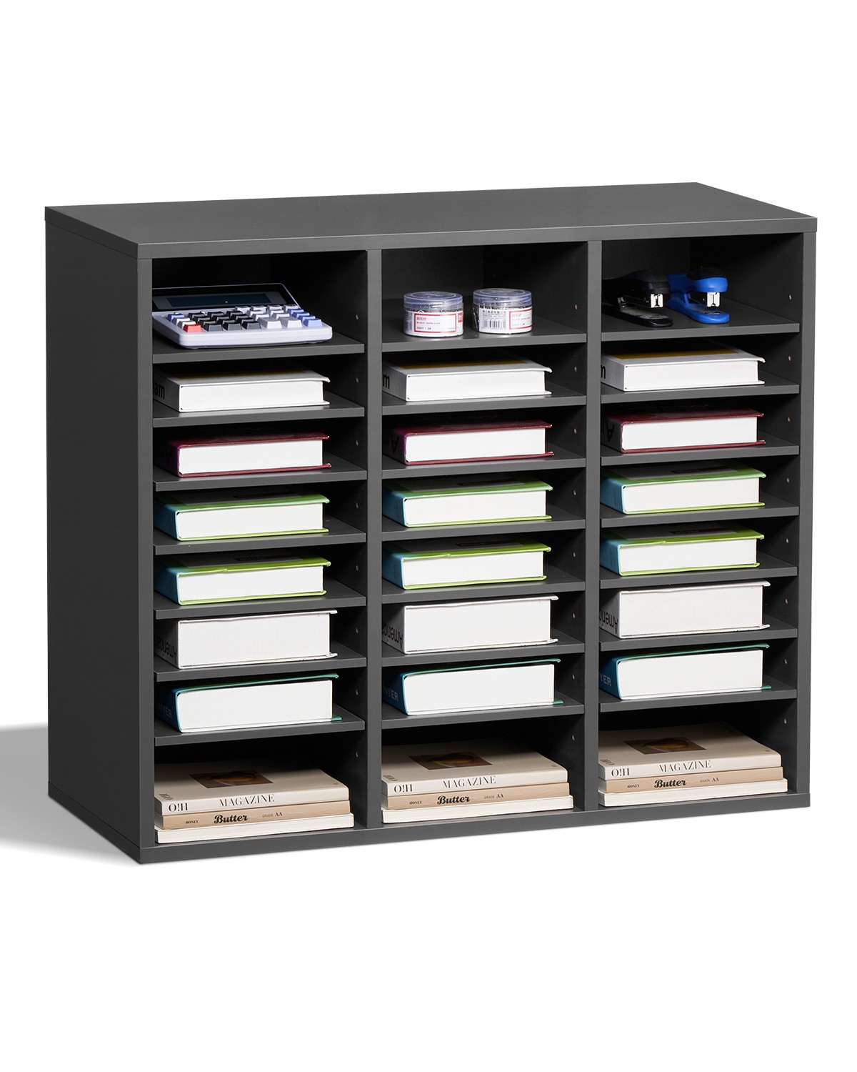 Wooden Literature Organizer 24 Compartments with Adjustable Shelves Grey