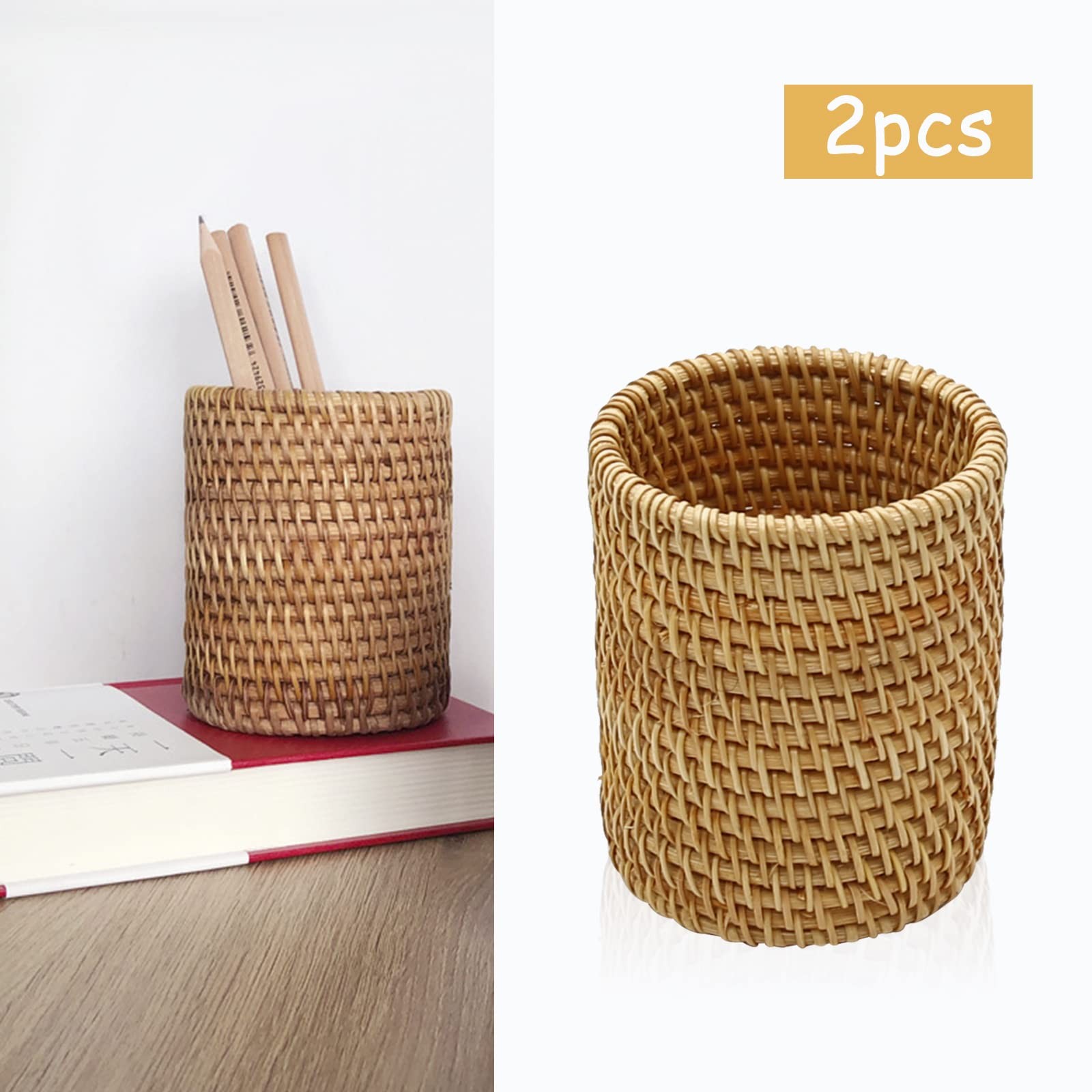 2 Pack Rattan Pencil Holder for Desk Handmade Pen Organizer Bucket Boho Desk …