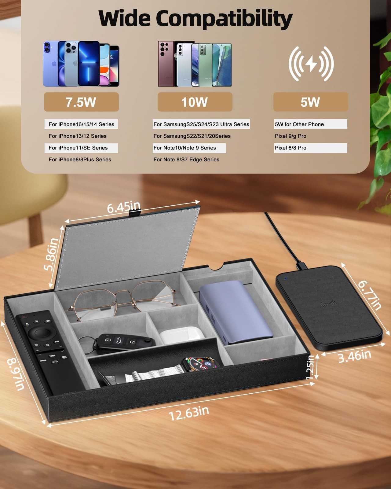 Valet Tray with Wireless Charger, Nightstand Organizer, Leather Desk Drawer O…
