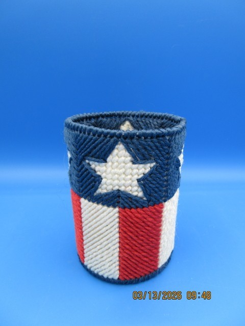Pencil Holder Home Made Plastic Canvas Red White & Blue with Stars