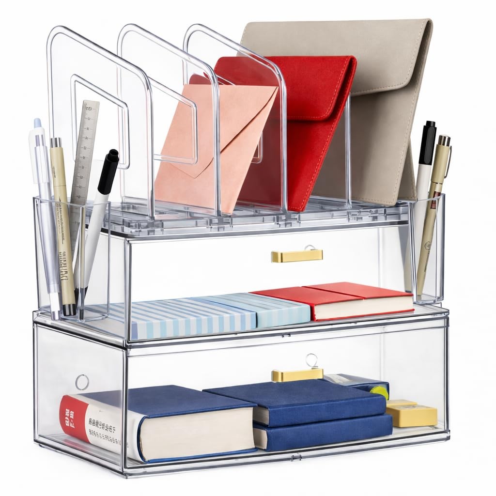 LALOBLUE Acrylic Desk Organizer with Drawer, Office 2 Layer, Clear