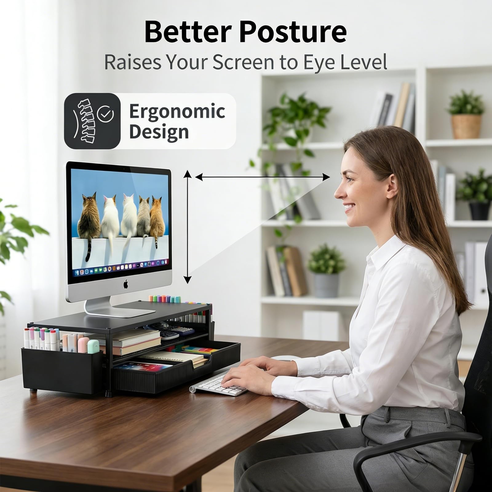 2-Tier Desk Organizer & Monitor Stand with Storage Drawer, Pen Holders – Black