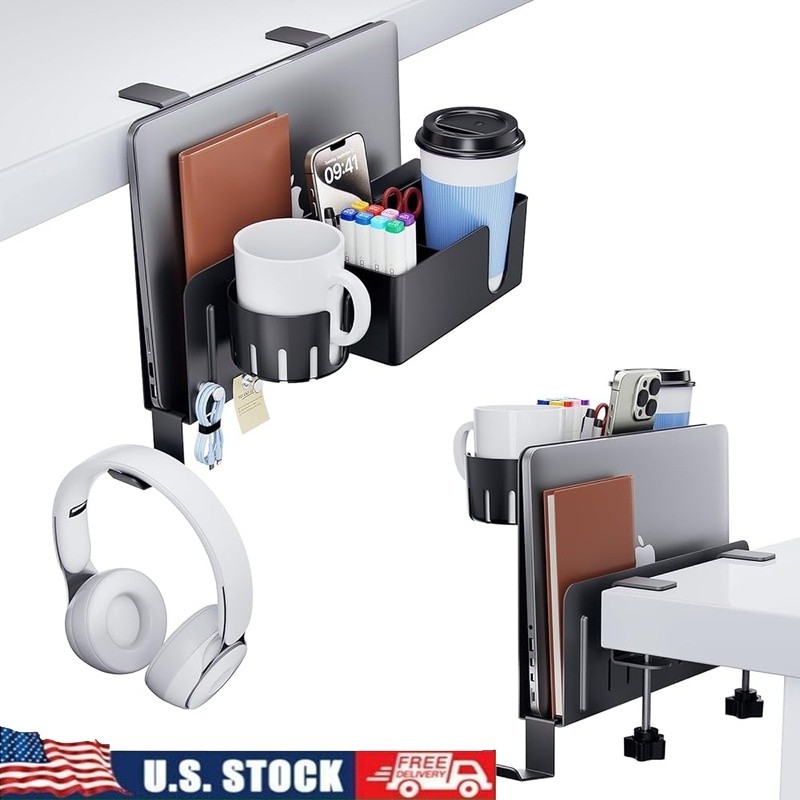 7-in-1 Under Desk Laptop Organizer Storage Box Cup Holder Headphone Hook New