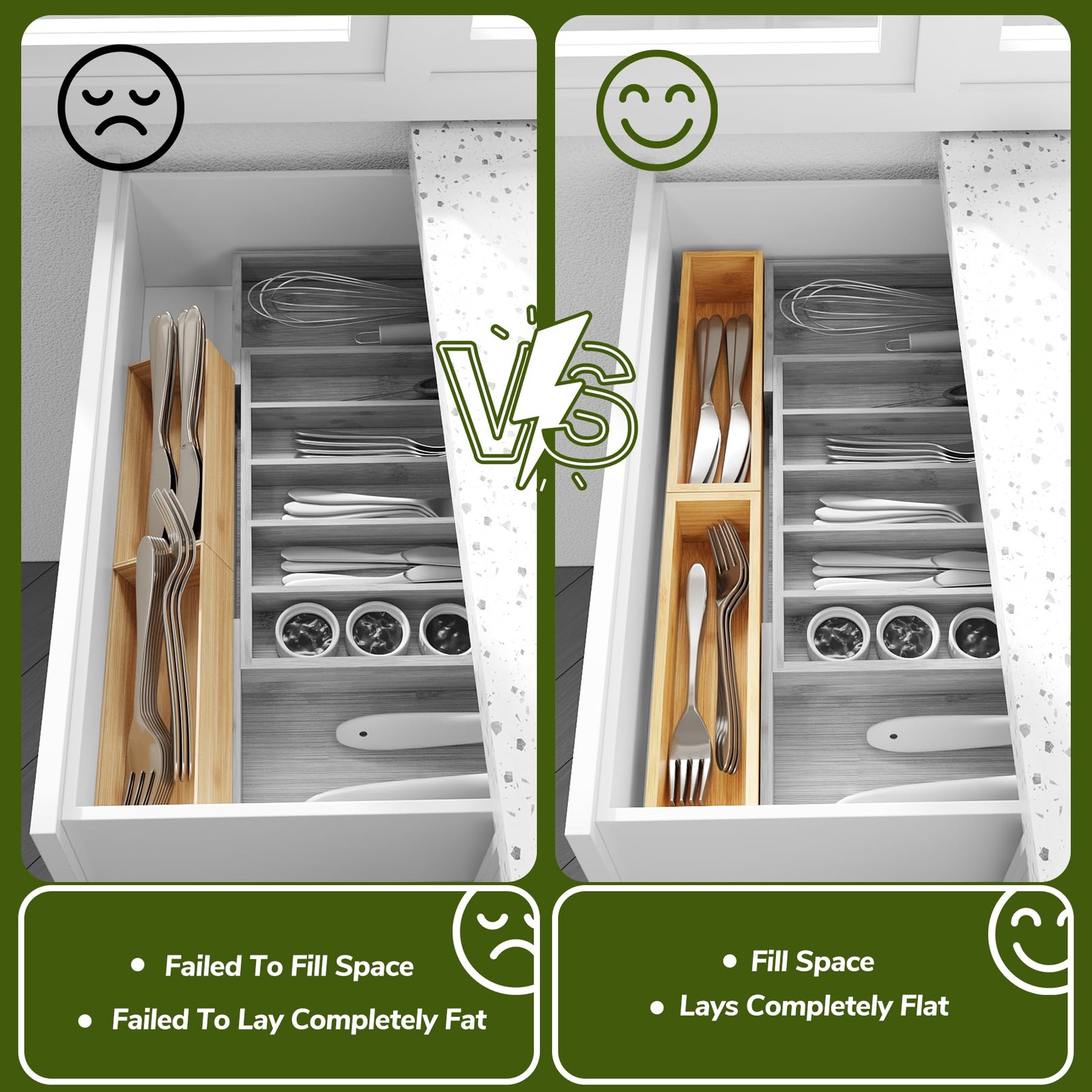BAMEOS Kitchen Drawer Organizer,Small Silverware 2 Boxes 11×3″, Natural
