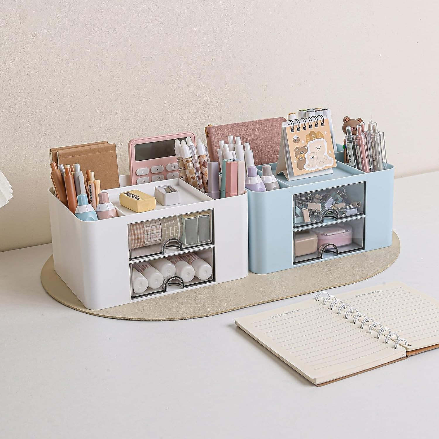 Desk Organizer with 2 Drawer, Plastic Desktop Pen Pencil Card Holder Storage Box