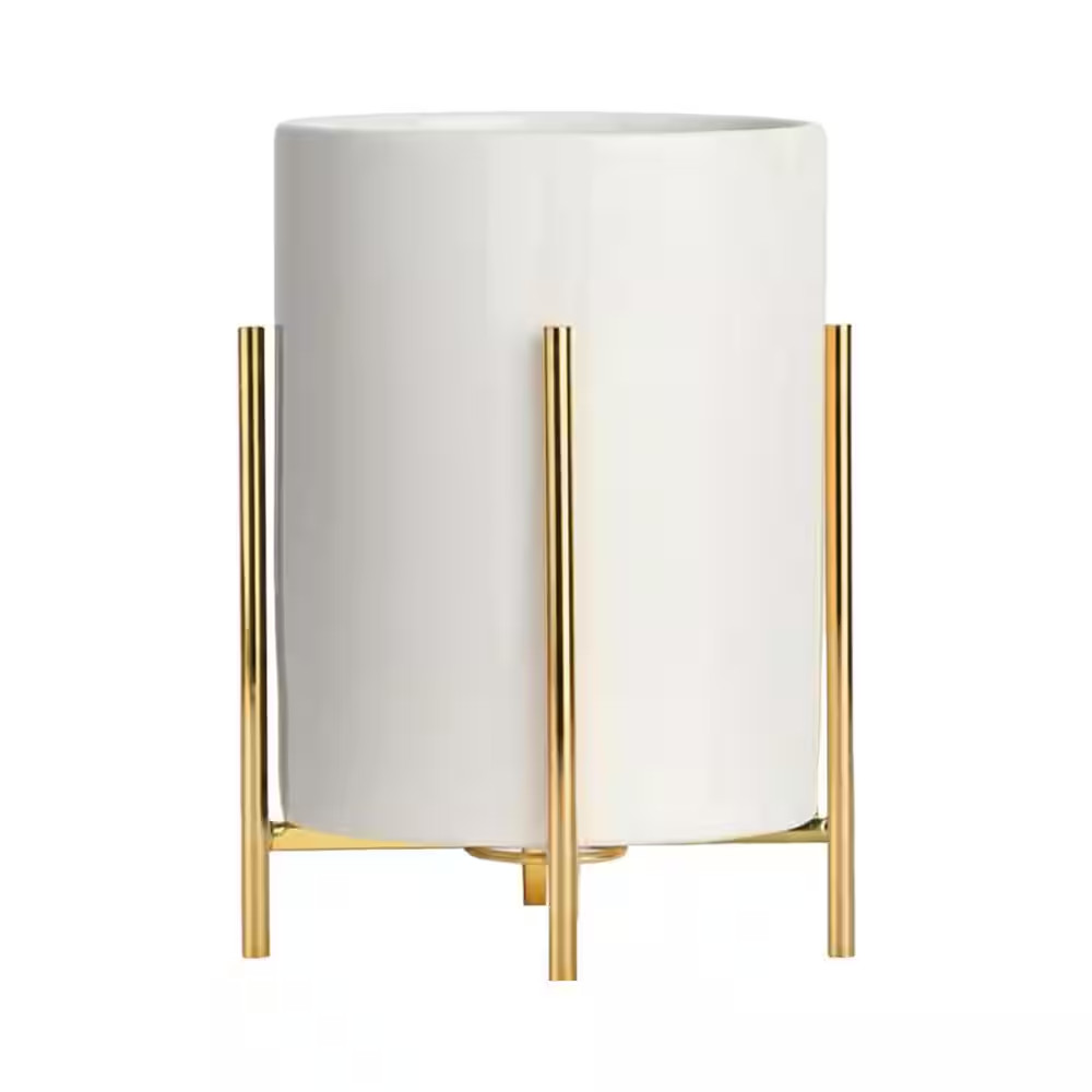 Gold and White Ceramic Pencil Cup with Sturdy Metal Frame, Smooth Marble Finish,