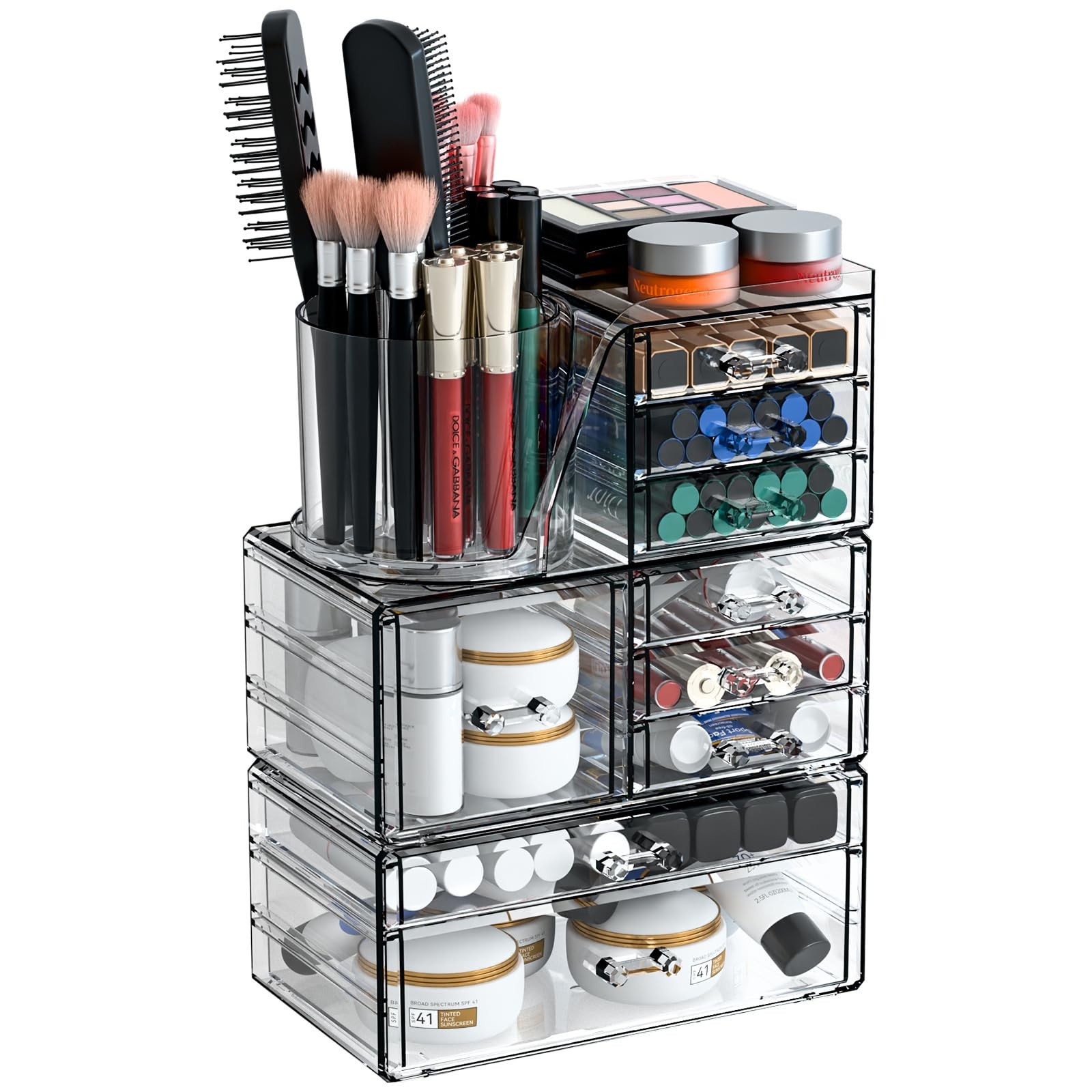 SuoXing 3 Pack Clear Acrylic Makeup Organizer for Vanity With 9 Drawer,