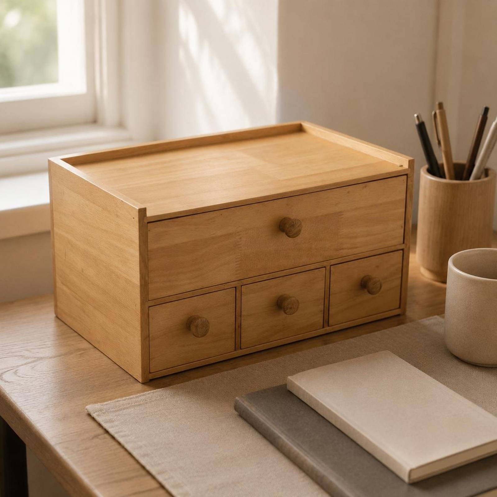 Wooden Desktop Storage Box Sturdy 4 Drawer Storage Box No Assembly Required
