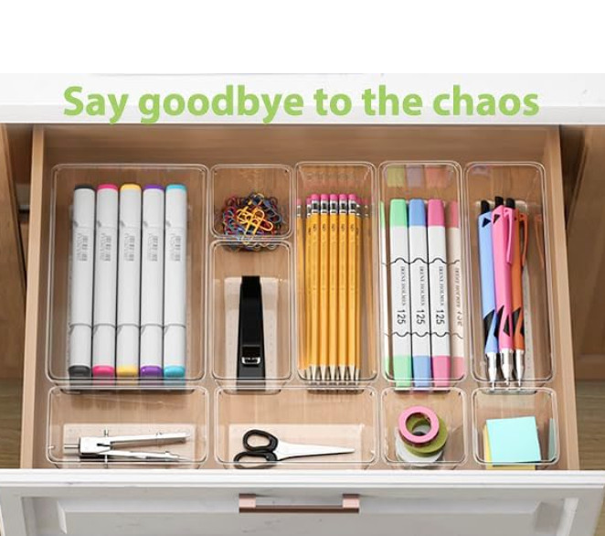 12PCS Clear Drawer Organizer Tray Set Plastic Storage Bins Desk Kitchen Bathroom