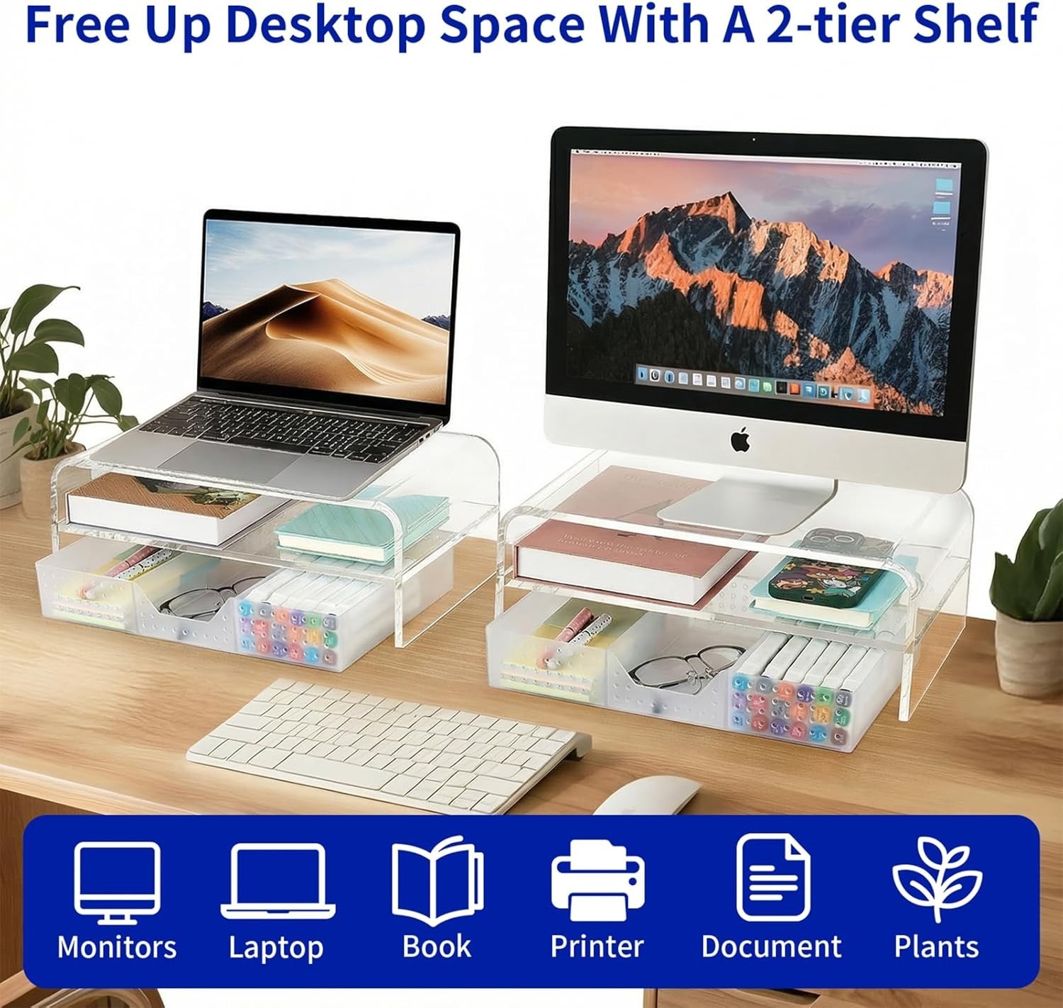 Sleek 2-Tier Acrylic Desk Riser with Drawer for Ultimate Office Organization