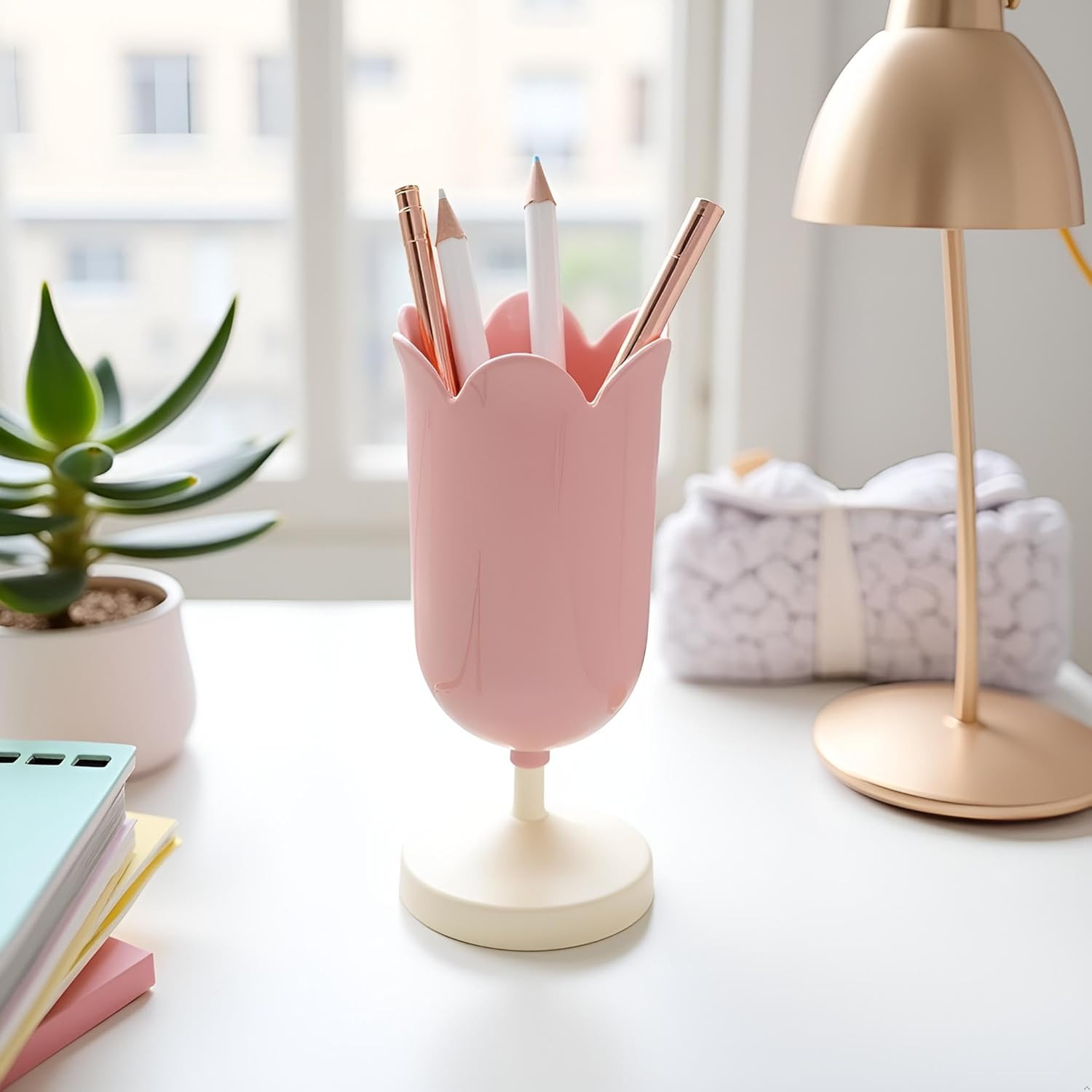 Pink Plastic Tulip Pen Holder Cute Pens Cup for Desk Pen Brush Organizer Office