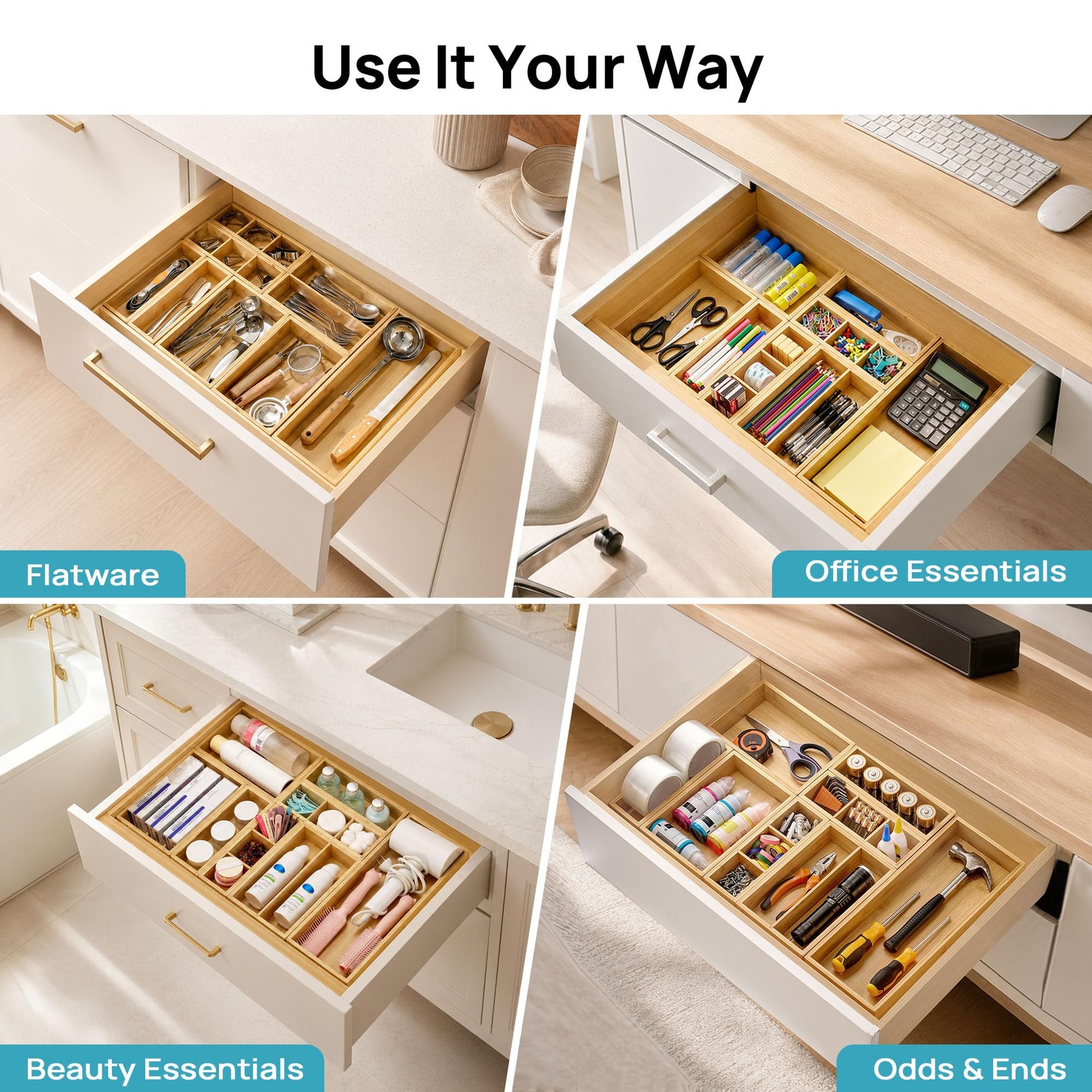 Vtopmart Bamboo Drawer Organizer Boxes – Set of 7 Multi-purpose Wooden