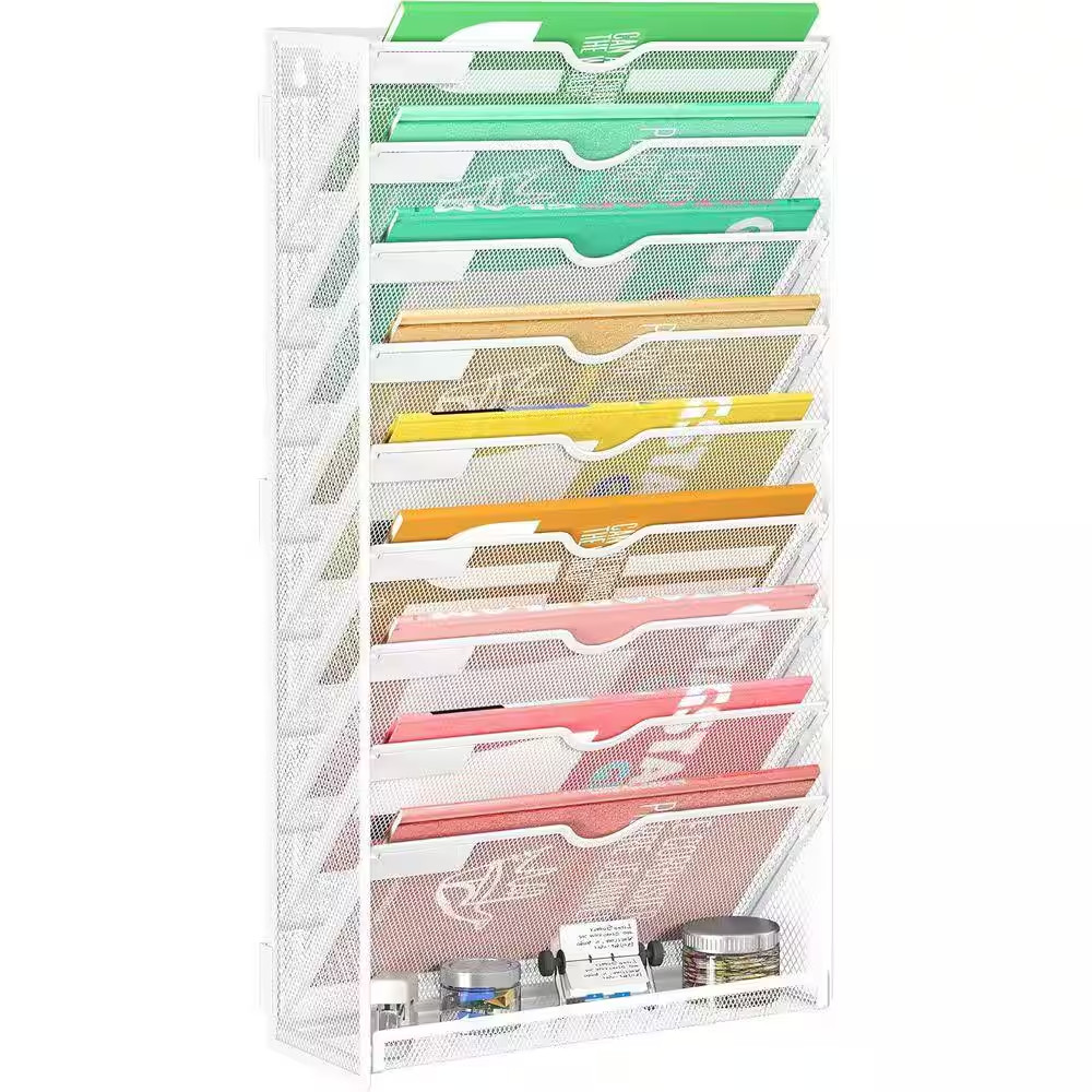 10-Tier Metal Wall Mount Hanging File Organizer, Vertical Document Organizer Whi