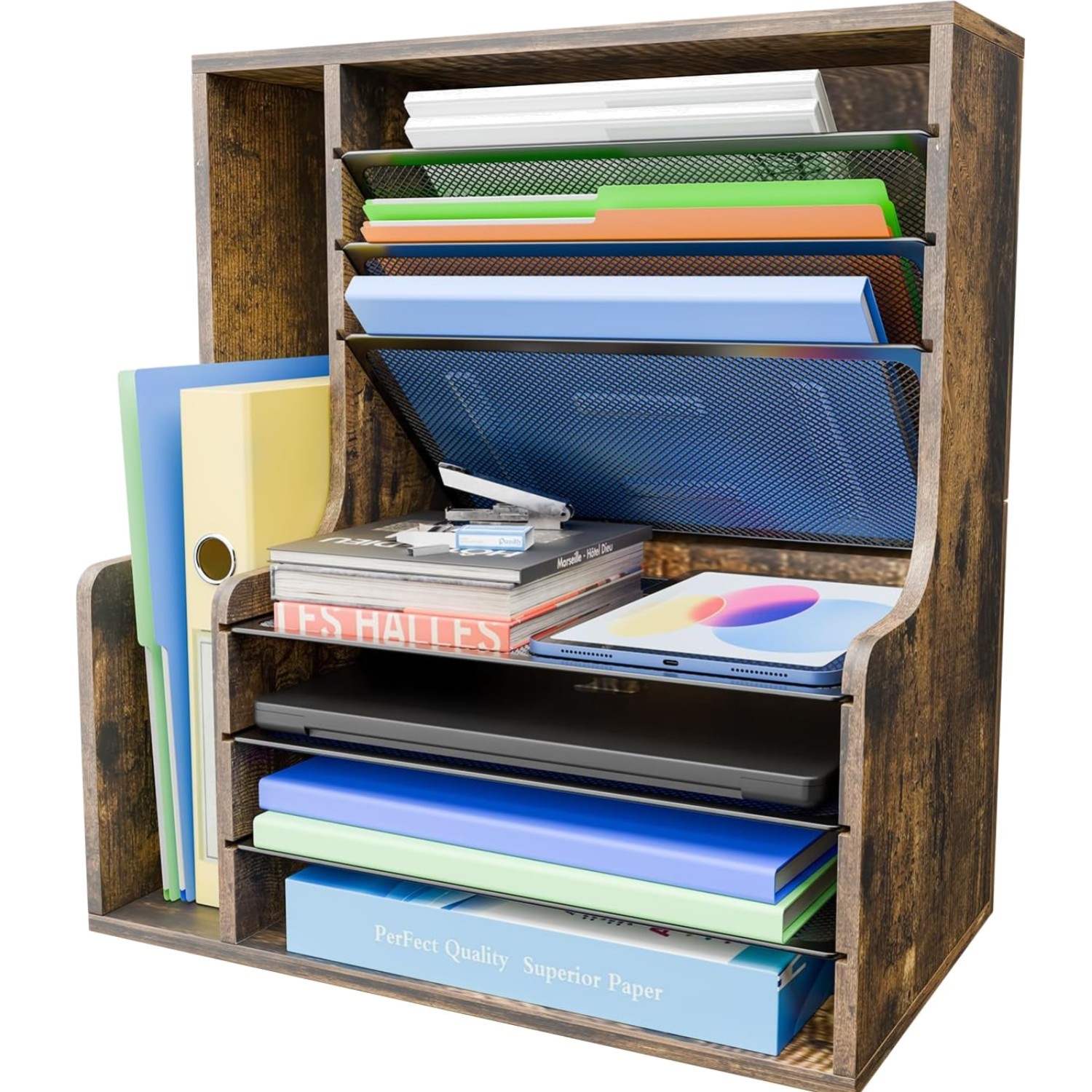 Elegant 7-Tier Wooden Desk File Organizer: Adjustable & Space-Saving Solution