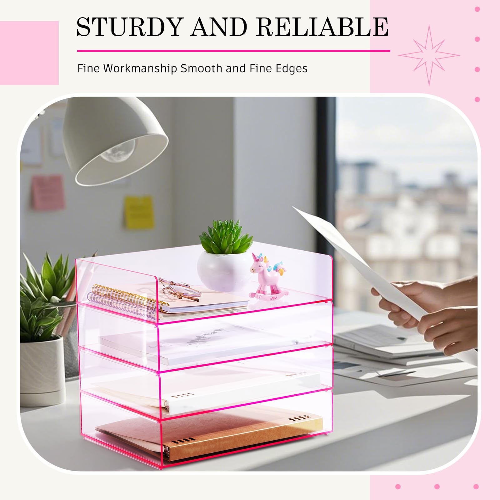 4 Tier Pink Acrylic Desk File Organizer Stackable Letter/A4 Paper Tray Home